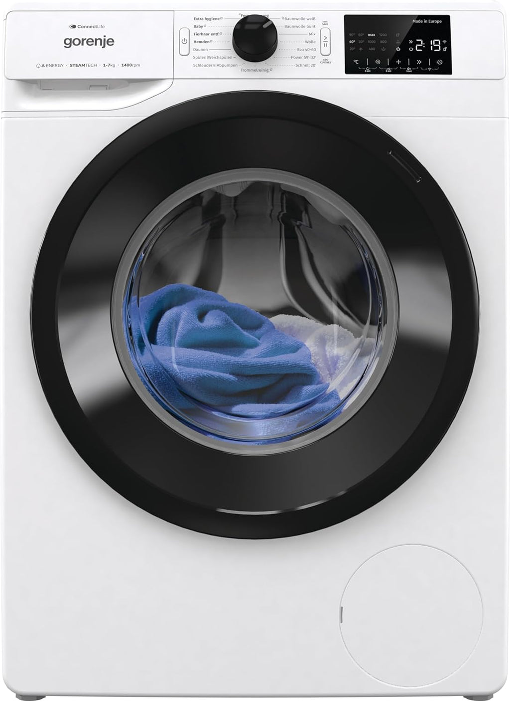 Gorenje WPNEI74A1TS Waschmachine mit Dampffunktion/ConnectLife / 7Kg / 1400 U/min / 15 Programme/Totaler AquaStop/WaveActive Trommel/ExtraHygiene/PowerWash/Schnell Waschgang/Weiß/EEK: A-10%