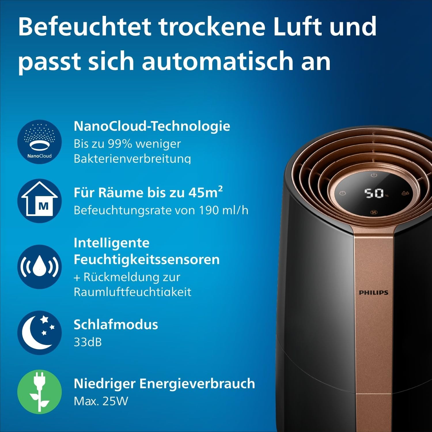 Philips 3000 Series HU3918/10 Humidifier, For Up To 45 m², Hygienic NanoCloud Technology, Quiet Night Mode, Automatic Mode, 3 Litre Water Tank, Black