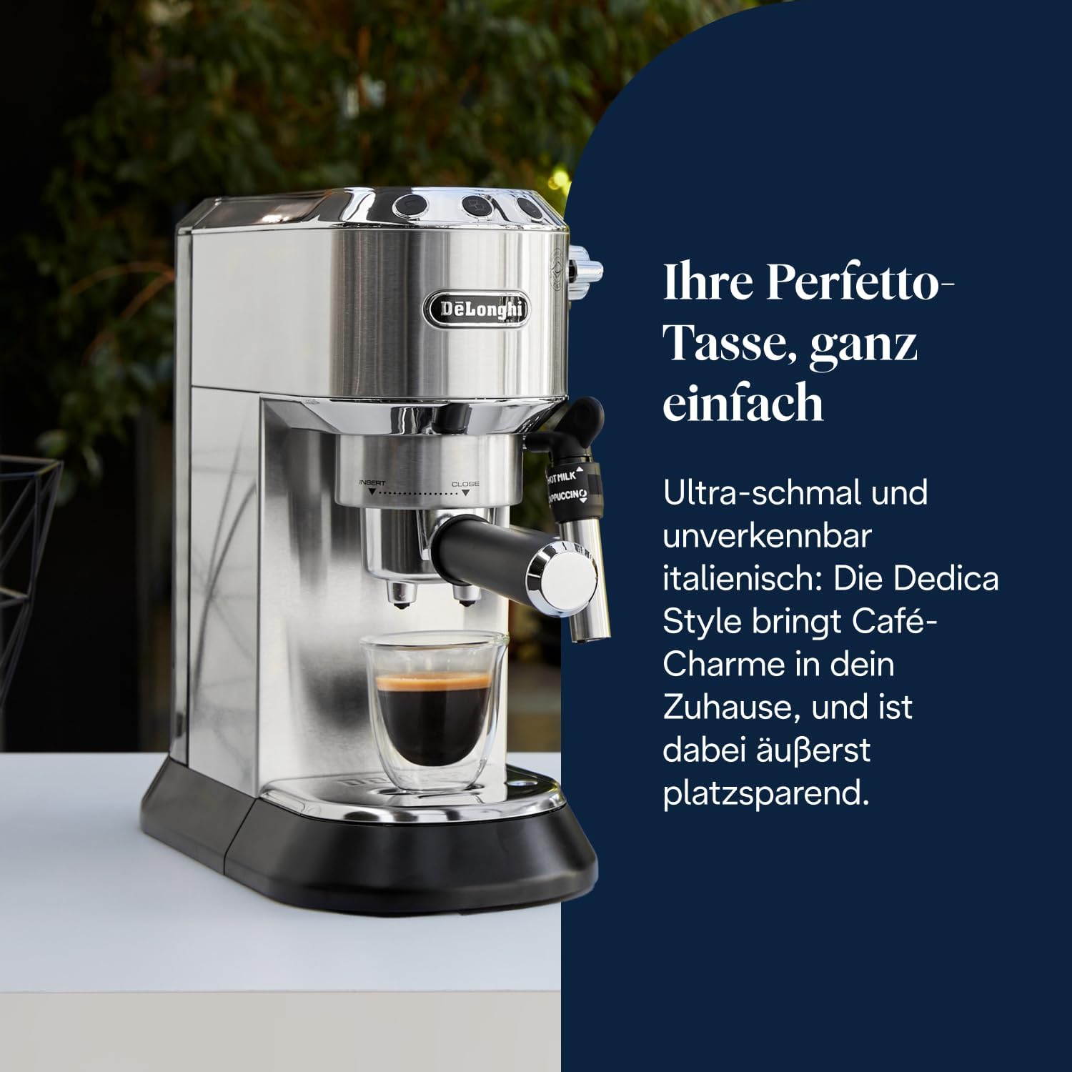 De'Longhi Dedica Style EC 685.M Espresso Filter Holder Espresso Machine with Professional Milk Foam Nozzle 15 cm Wide 1 Litre Water Tank Full Metal Casing E.S.E Pads Silver