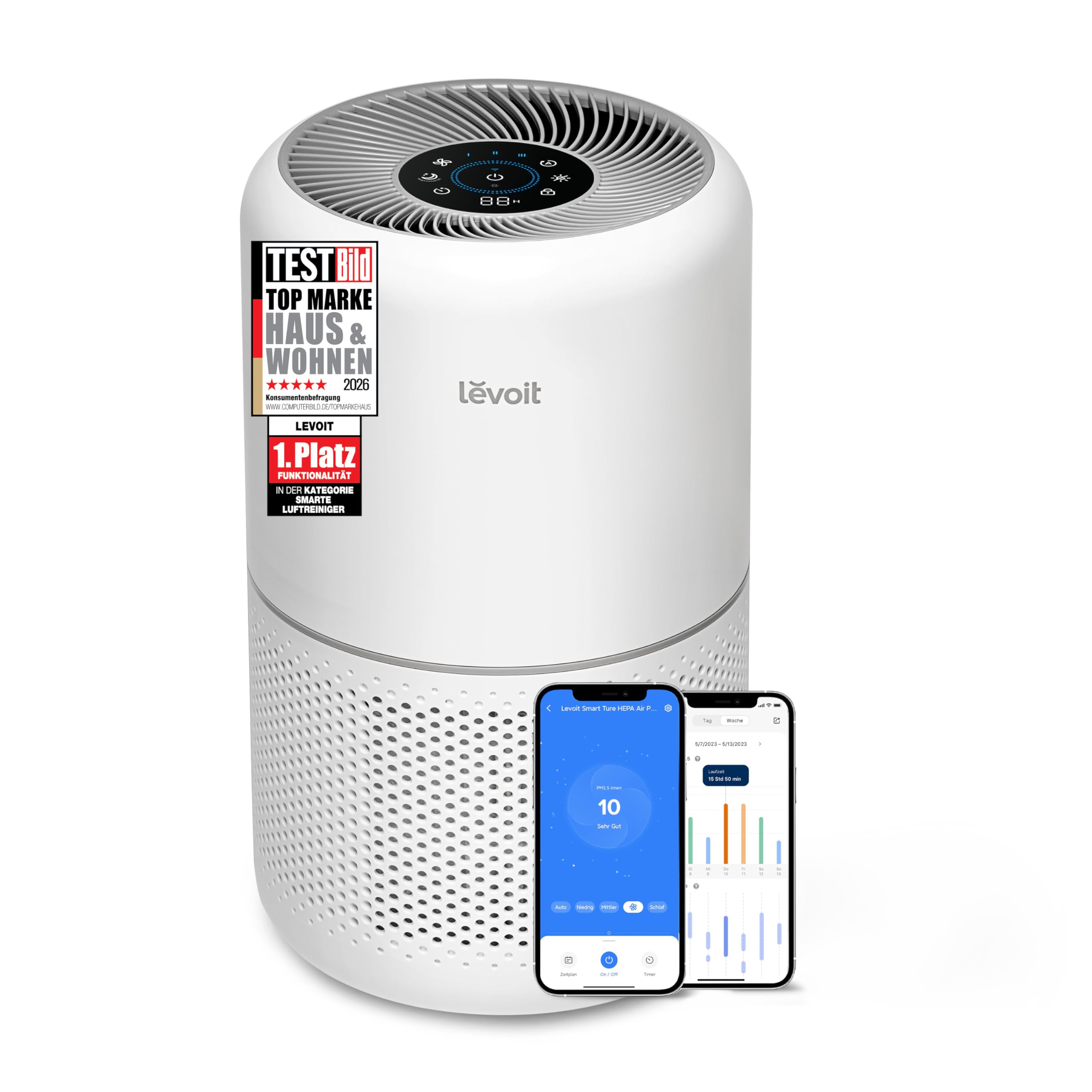 Levoit Air Purifier 3-in-1 HEPA Filter, Air Filter Against Mould, Dust, Pollen and Odours, Air Purifier for Bedroom, App Control and Timer, Sleep Mode and Night Light, up to 31.5 ㎡, Matte White