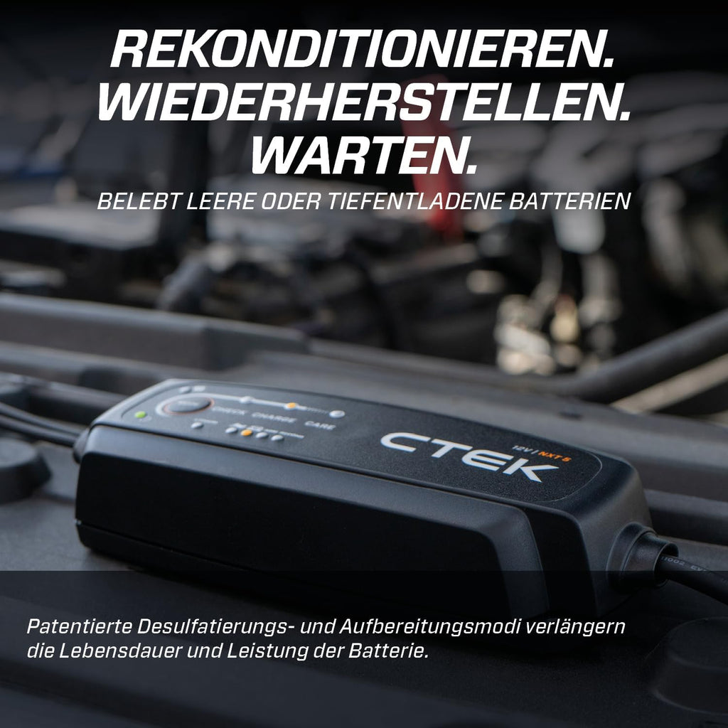 CTEK NXT 5 Smart Battery Charger 12V 5A Compatible with Lead Acid and Lithium Batteries, Reconditioning Mode, AGM Optimization, Temperature Compensation, Convenient Battery Maintenance Device
