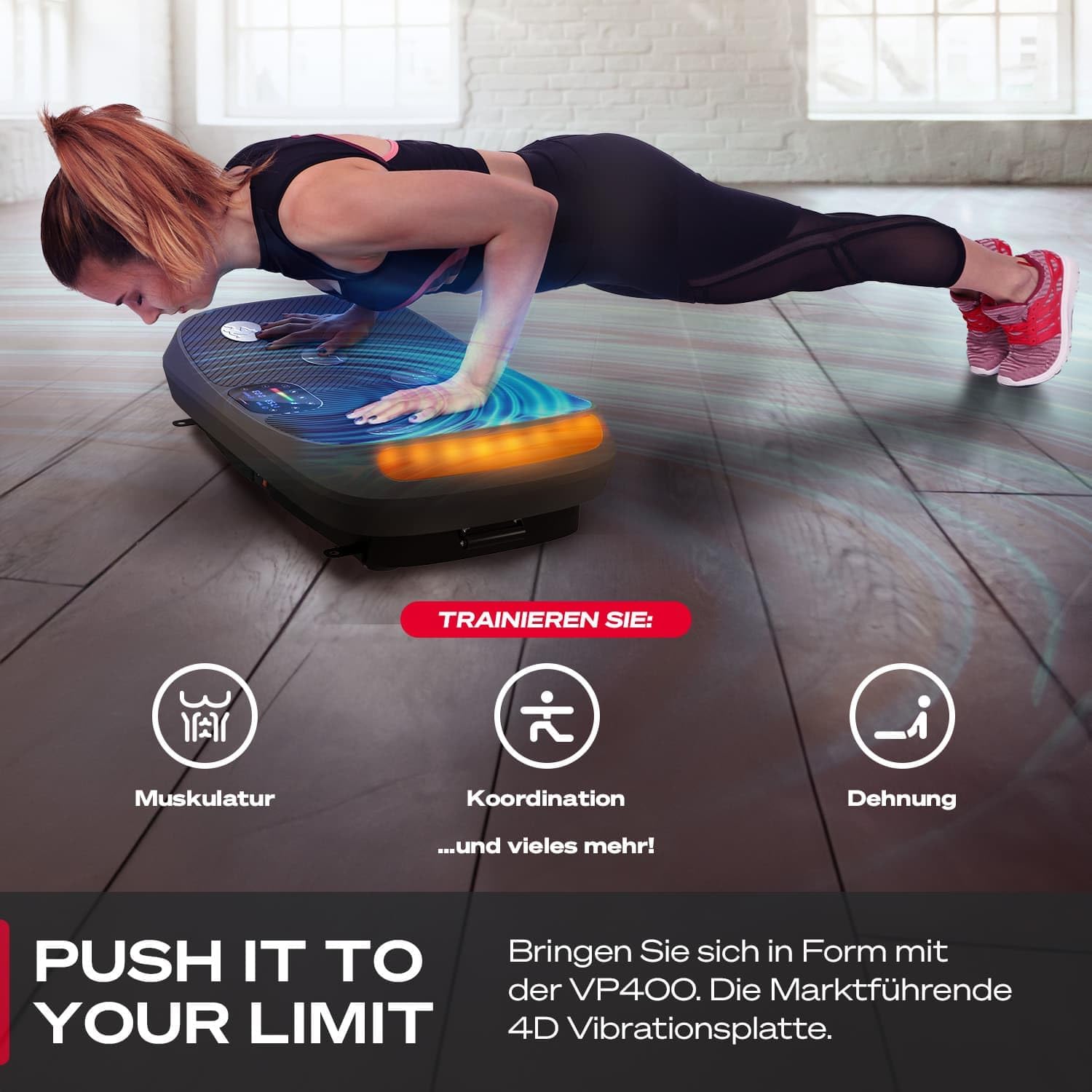 Sportstech VP400: 4D Vibrationsplatte mit Smart‑LED und Trainingsbändern ✨