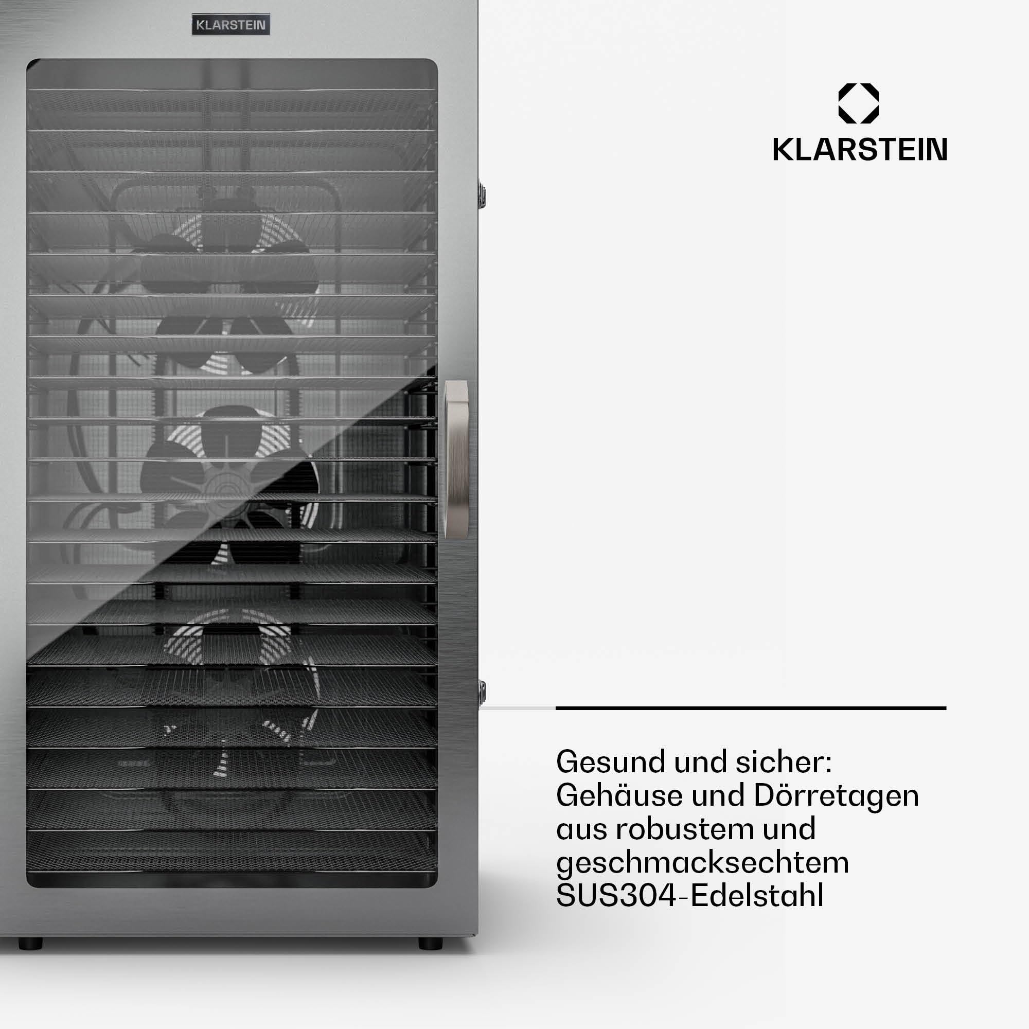 Klarstein Dörrgerät, Dörrautomat für Gemüse, Obst, Pilze & Fleisch, 1500W Edelstahl-Dörrautomat, Trockenautomat mit 16 Metallgitter, Dörrgerät mit 24H Timer & Touch-Display, Food Dehydratoro