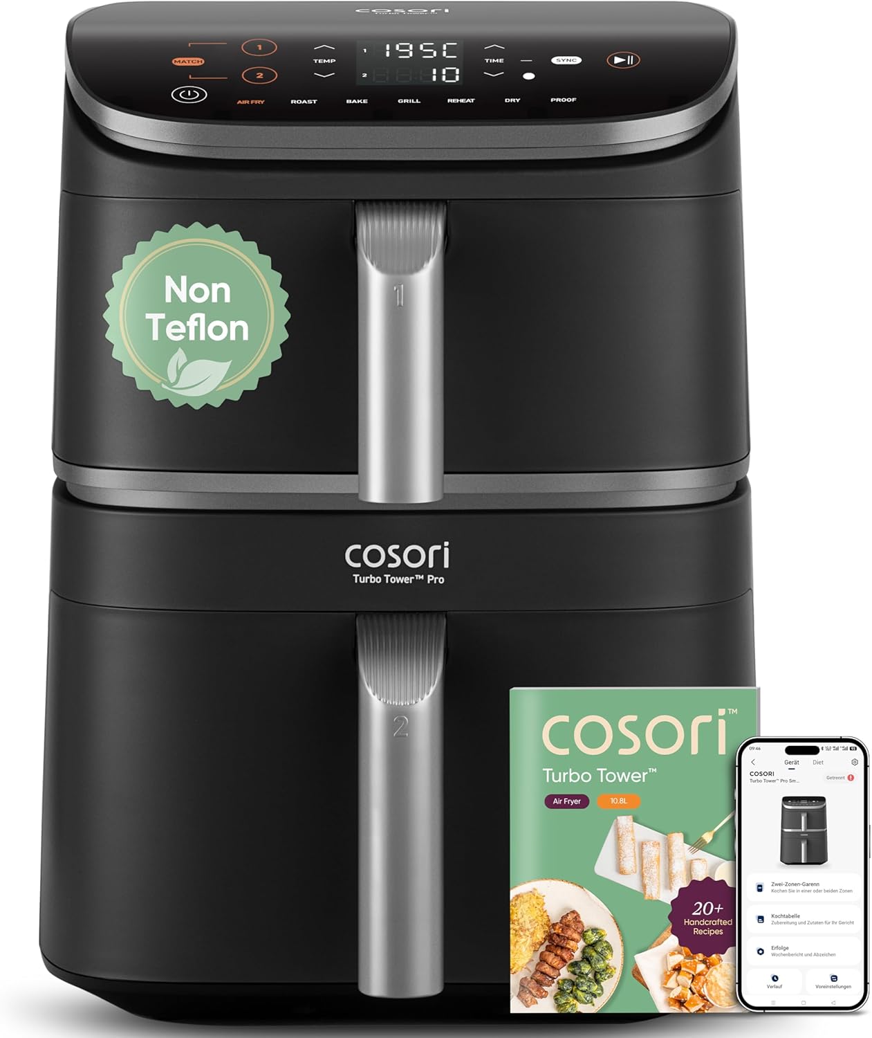 COSORI Turbo Tower Pro Smart Airfryer, 10.8L Ceramic Coating Hot Air Fryer, DualBlaze Technology and WiFi Control, Silver Grey, Grey Silver