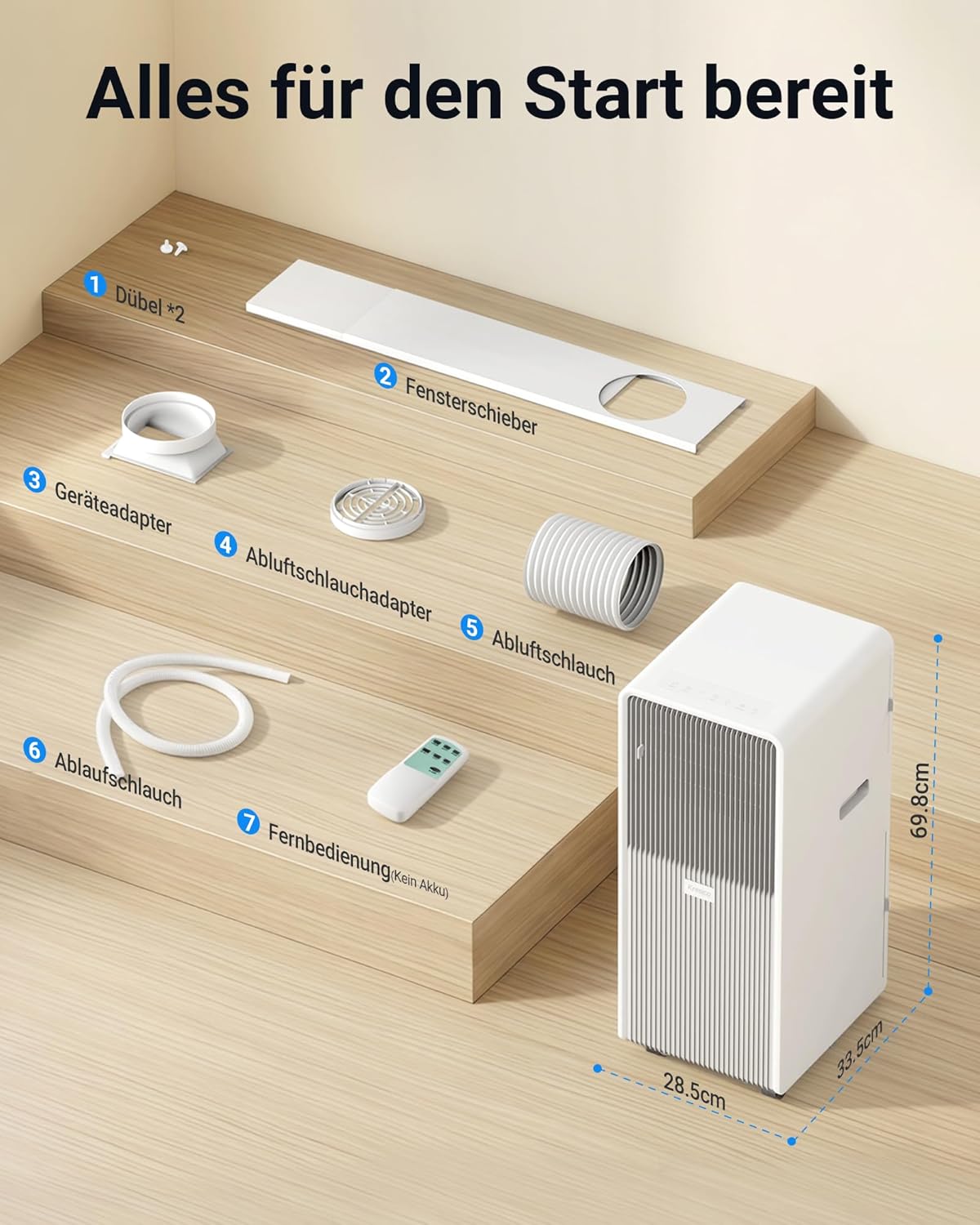 Mobile Air Conditioner 9000 BTU, Mobile Air Conditioner with Exhaust Hose, Mobile Air Conditioner with Exhaust Hose for Rooms up to 33 m²/90 m³, Air Conditioner with Timer, R290, White
