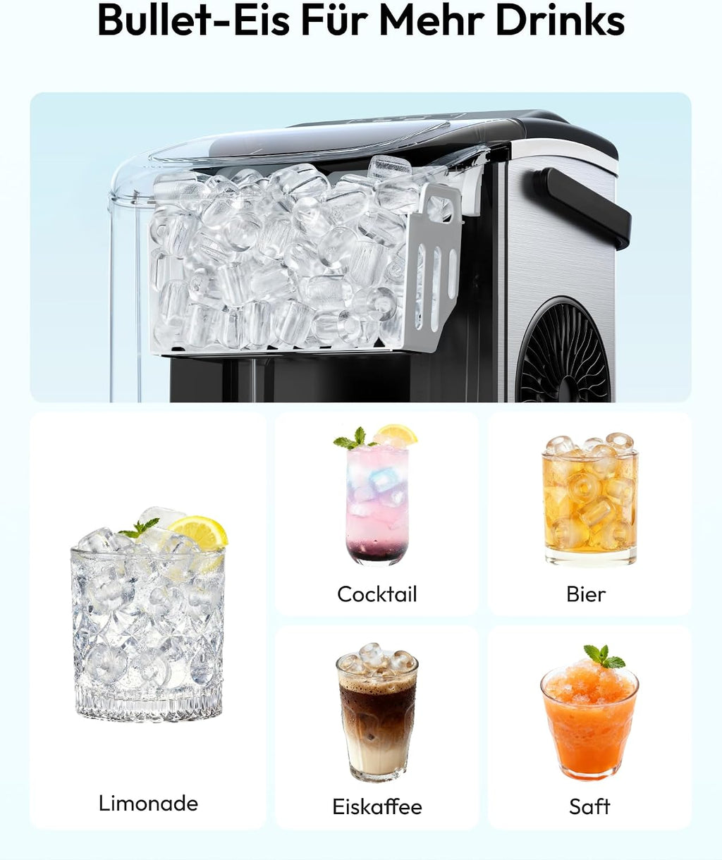 EUHOMY Small Ice Cube Machine, 9 Ice Cubes in 6 Minutes, 12 kg/24 H, Stainless Steel Ice Cube Machine with Portable Handle, Self-Cleaning Compact Ice Cube Machines for Home/Kitchen/Office/Bar
