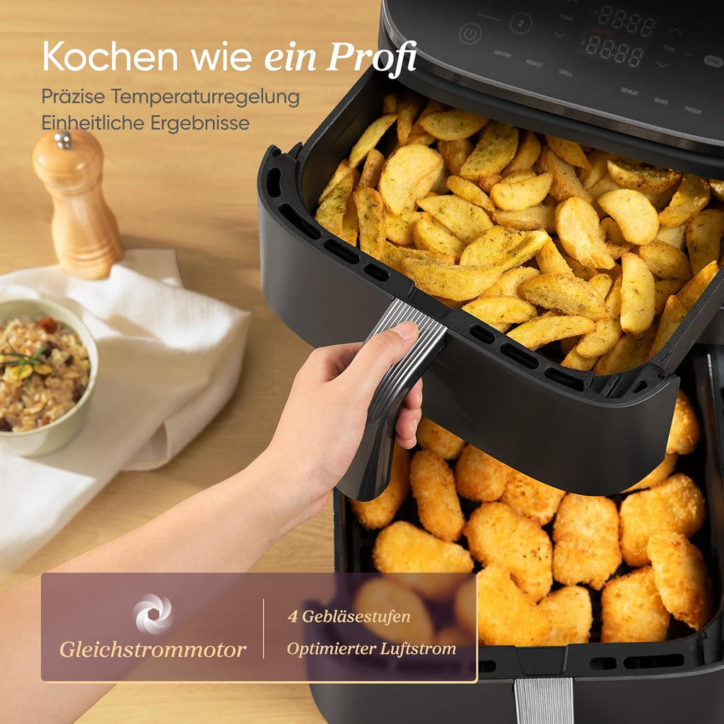 COSORI Airfryer, Hot Air Fryer, 2 Chambers, 10.8 L Hot Air Fryer, Innovative Multiple Air Speed, Saves 41 Percent Space, Includes Recipe Book and Stainless Steel Grate, Silver Grey