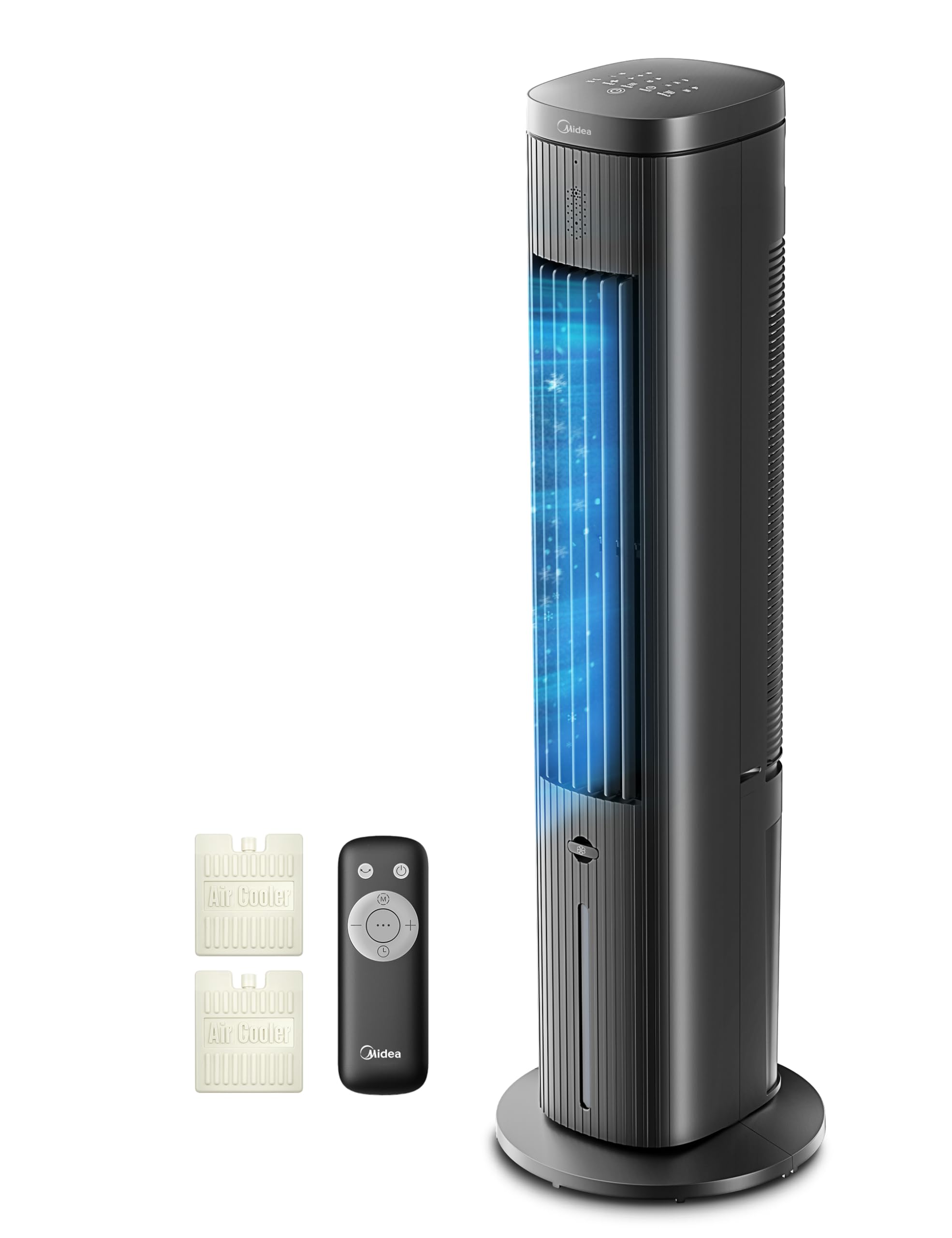 Midea Silent Air Cooler Pro 4-in-1 Mobile Air Conditioning Quiet: Air Cooler, Tower Fan, Humidifier and Air Purifier, with Remote Control, 5 L Water Tank, 355 m³/h Air Flow, 55 W, LED Display, Timer, White