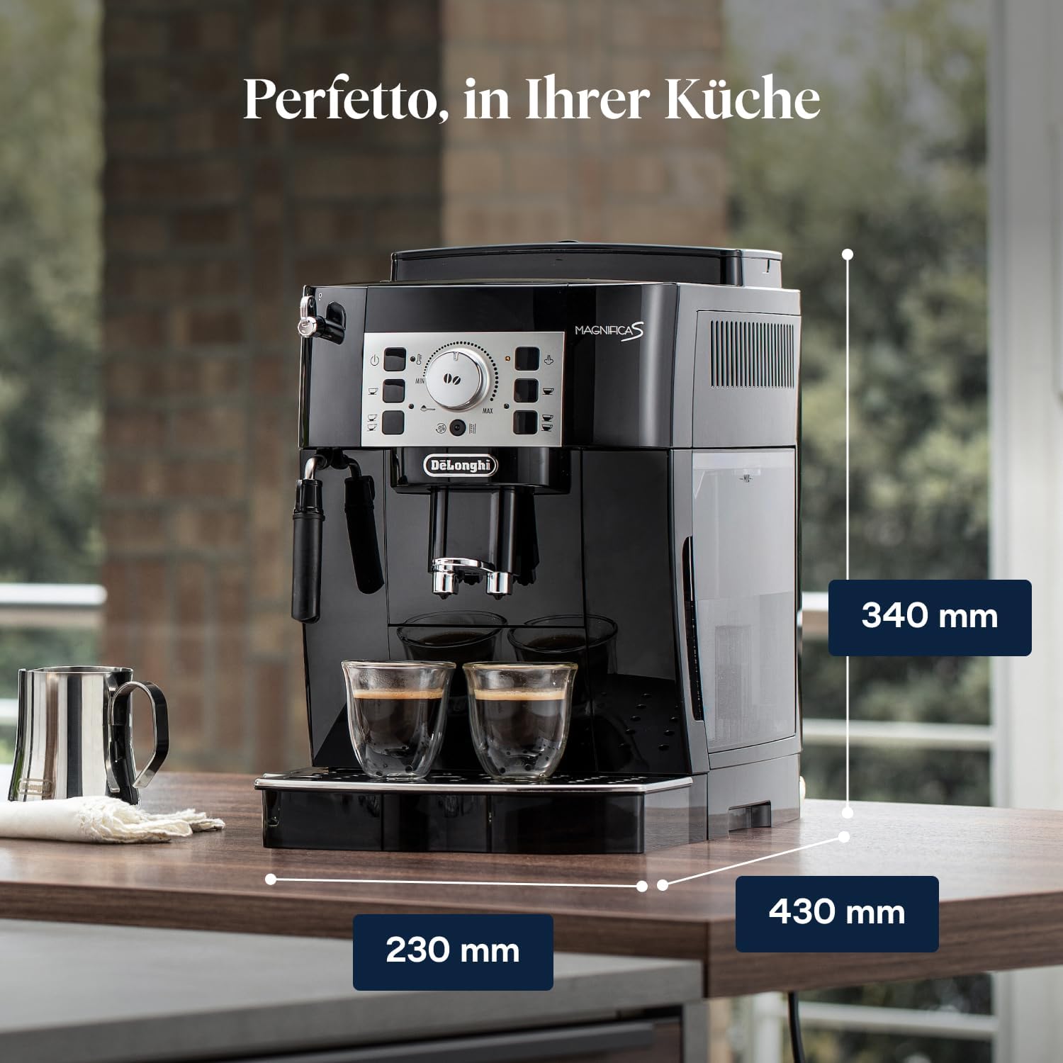 De'Longhi Magnifica S ECAM 22.110.B fully automatic coffee machine with milk frother for cappuccino, with espresso direct selection buttons and rotary control, 2-cup function, 1.8 liter water tank, black / silver