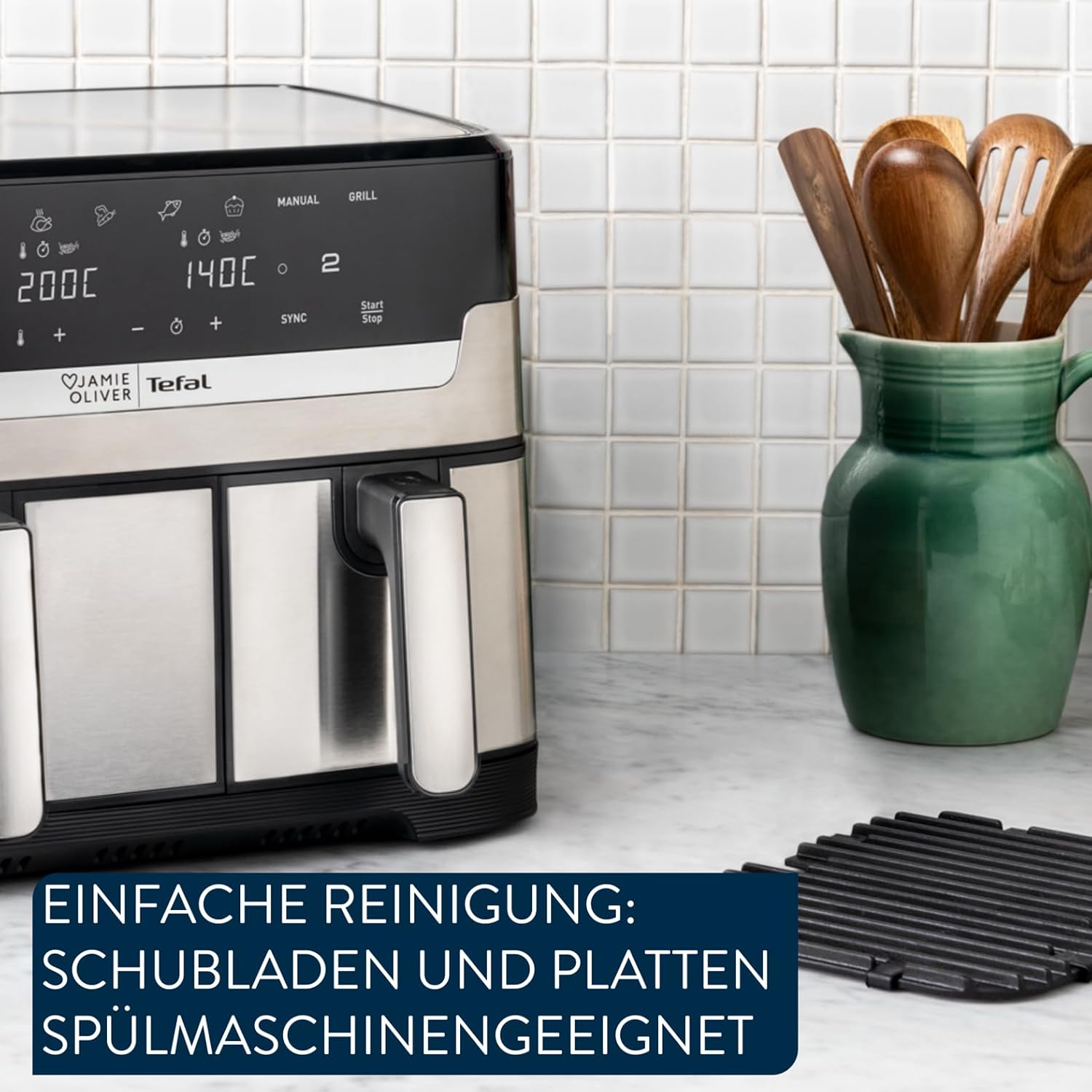 Jamie Oliver by Tefal Dual Drawer Heißluftfritteuse 8,3 L – Airfryer mit 2 Kammern & Grillfunktion, 8 Programme, Sync-Modus für gleichzeitiges Garen, fettarm frittieren & energiesparend EY90JDE1