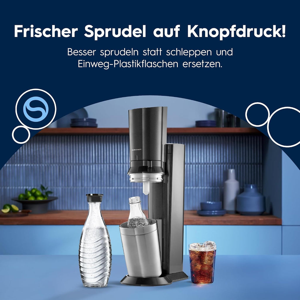 SodaStream Crystal 3.0 Wassersprudler mit 1x Quick-Connect CO2-Zylinder und 2X Glaskaraffen, Silber, Schwarz, Titan, 45 cm
