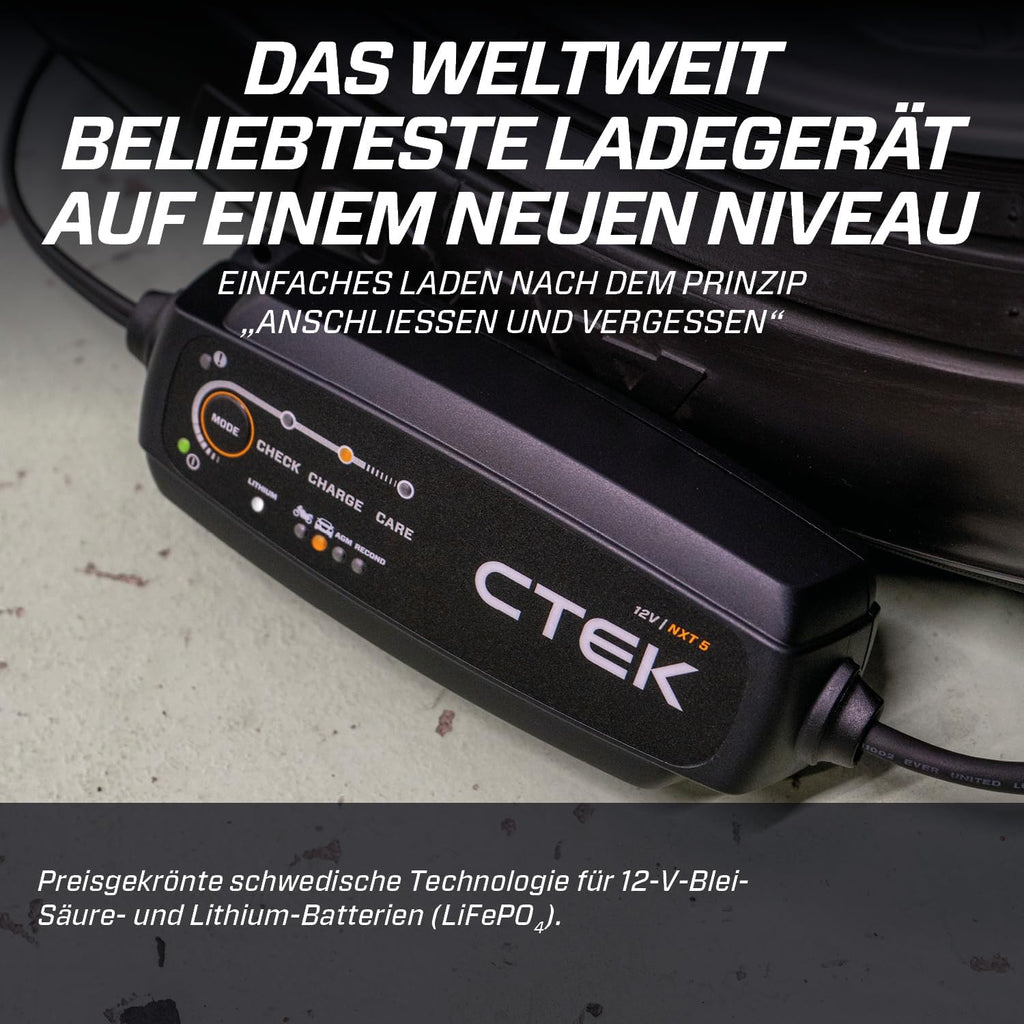 CTEK NXT 5 Smart Battery Charger 12V 5A Compatible with Lead Acid and Lithium Batteries, Reconditioning Mode, AGM Optimization, Temperature Compensation, Convenient Battery Maintenance Device