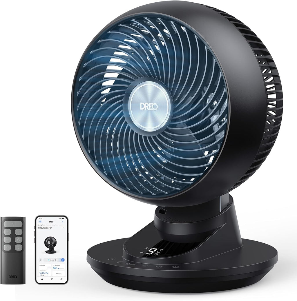 DREO 3D Table Fan, Very Quiet, 22 dB, Small Fan with Remote Control, 8.8 m/s Strong Airflow, 90° Oscillation, App & Voice Control, 9 Levels, 8/12h Timer for Bedroom and Office