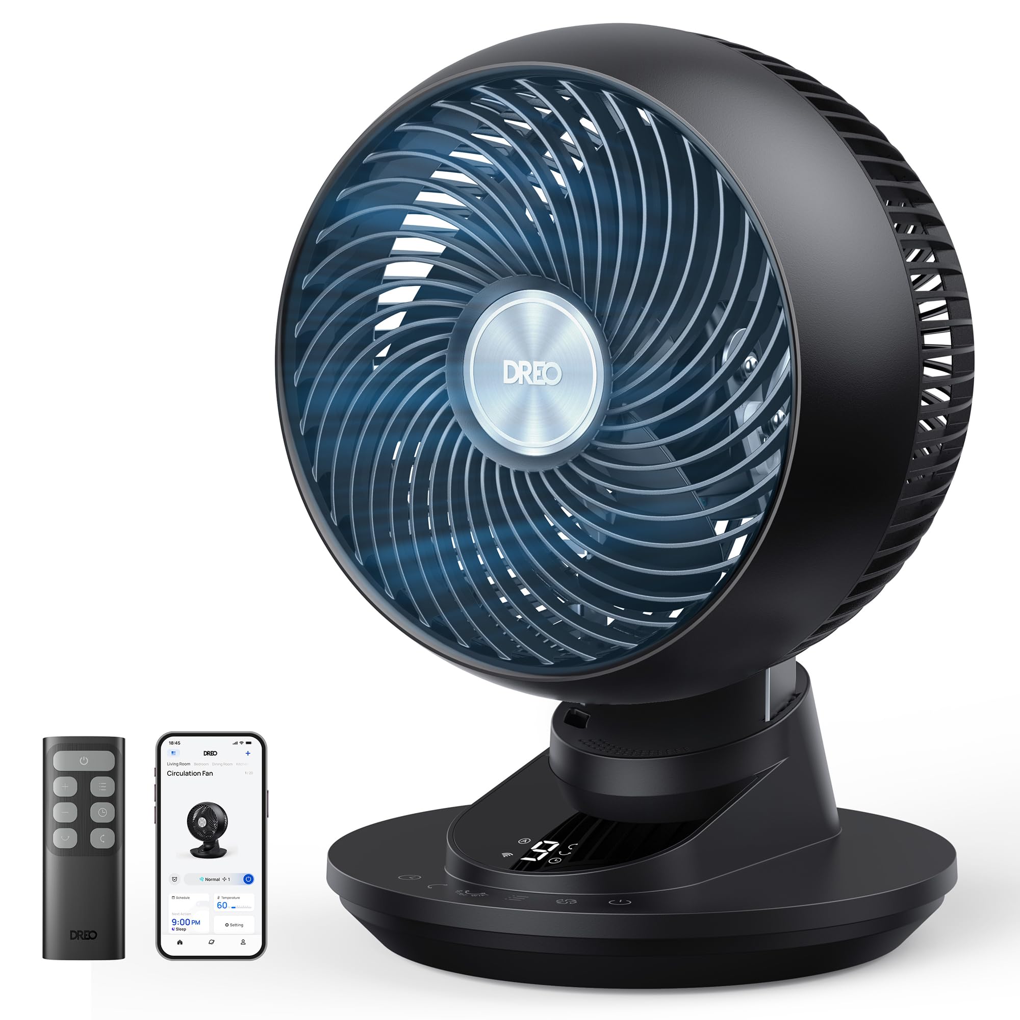DREO 3D Table Fan, Very Quiet, 22 dB, Small Fan with Remote Control, 8.8 m/s Strong Airflow, 90° Oscillation, App & Voice Control, 9 Levels, 8/12h Timer for Bedroom and Office