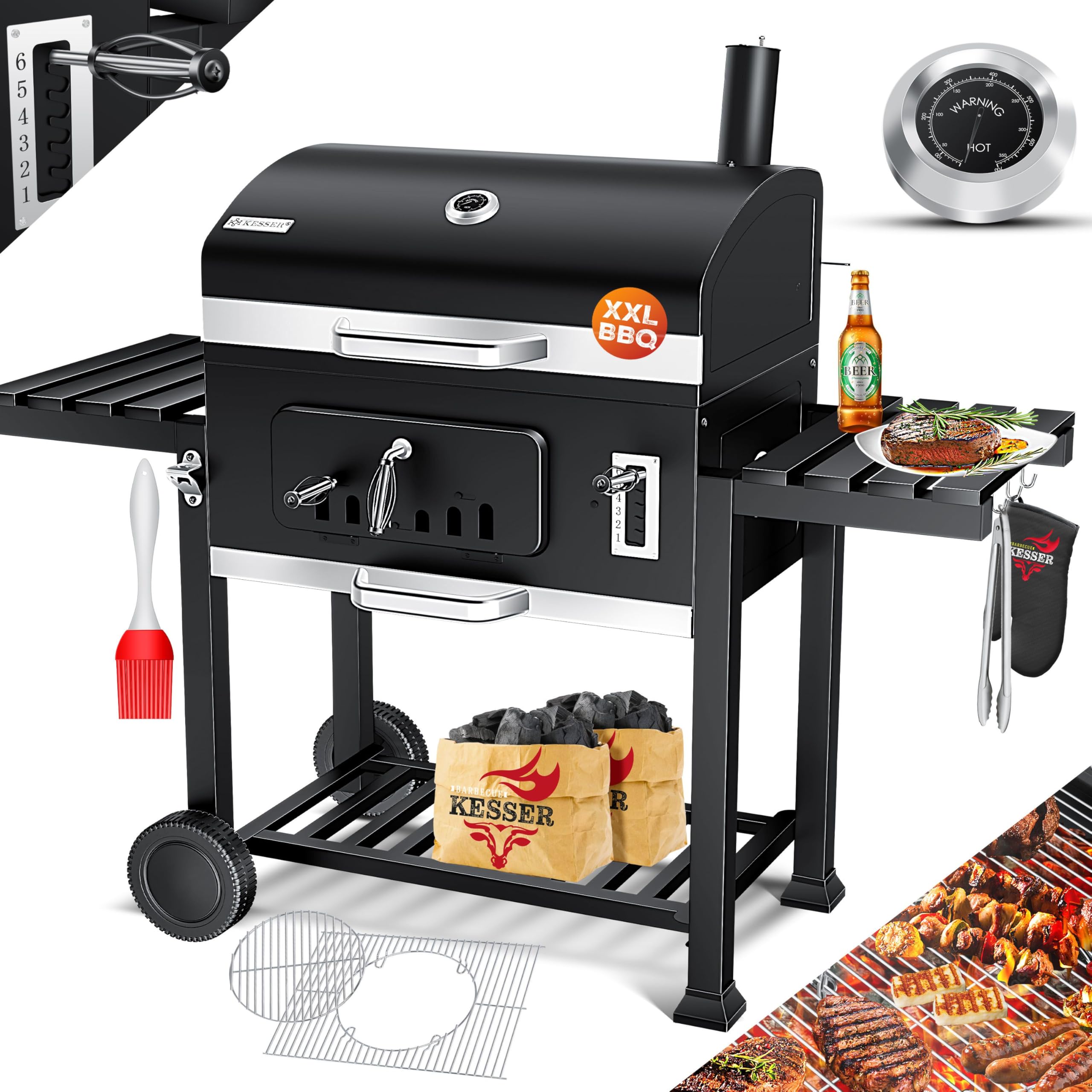 Kesser® Barbecue Trolley, XXL Charcoal Grill with Lid, Wheels, Stainless Steel Handle, Grill Grate and Thermometer, Charcoal Grill Cart, Large, for BBQ, Camping, Patio, Garden (Grey/Silver)