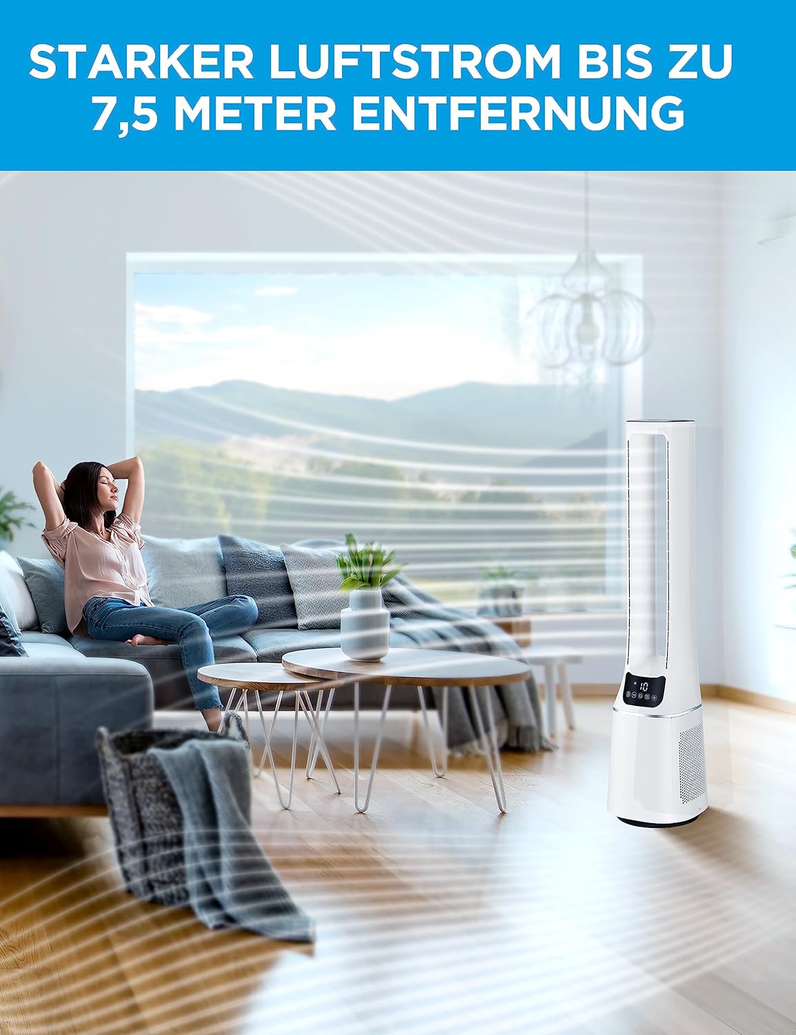 Midea MFP-120 (WH) 2 in 1 Turmventilator Leise 38dB Luftreiniger CADR 120 für 47.6 ㎡ LED Display Fernbedienung Oszillation 12H Timer Weiß