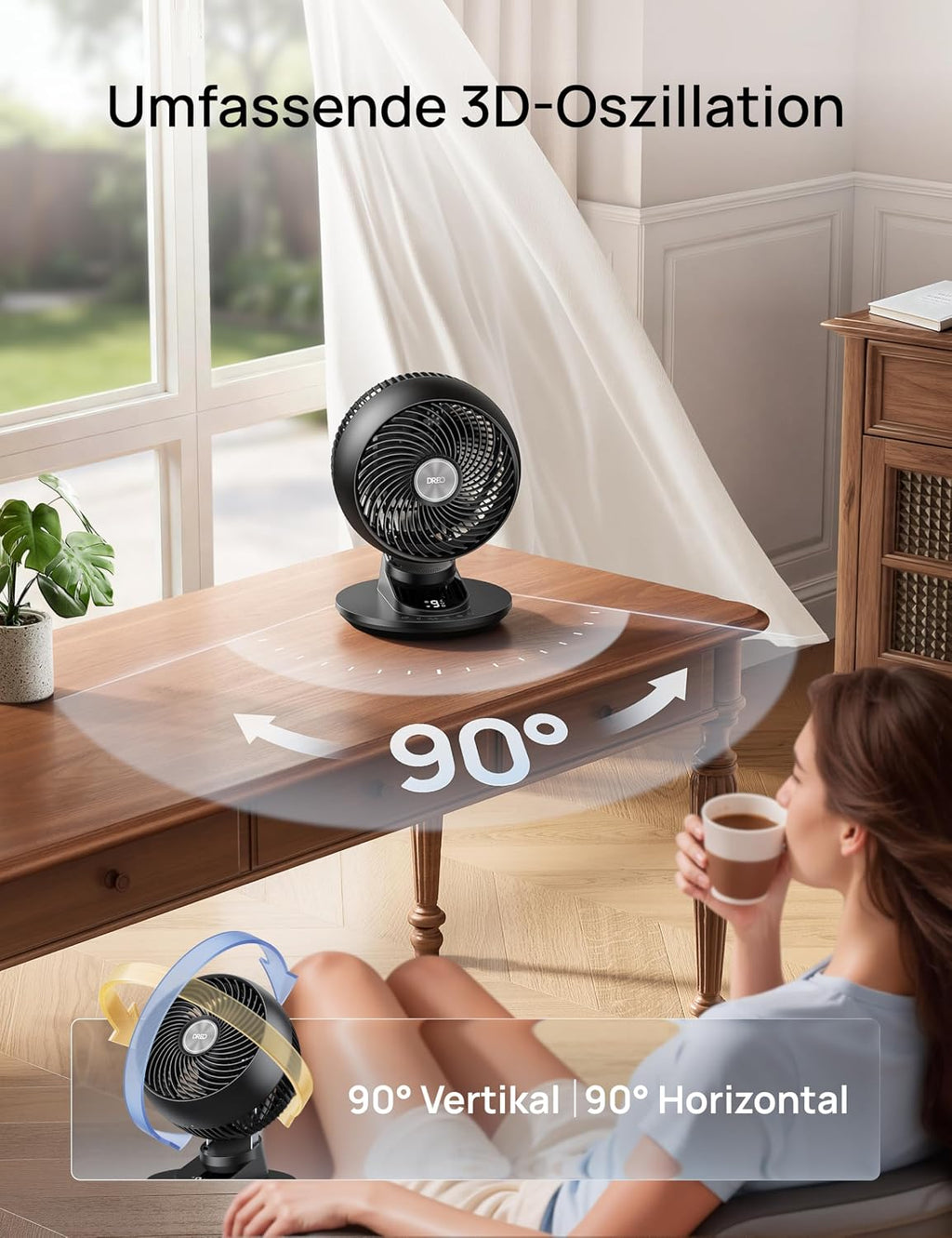 DREO 3D Table Fan, Very Quiet, 22 dB, Small Fan with Remote Control, 8.8 m/s Strong Airflow, 90° Oscillation, App & Voice Control, 9 Levels, 8/12h Timer for Bedroom and Office