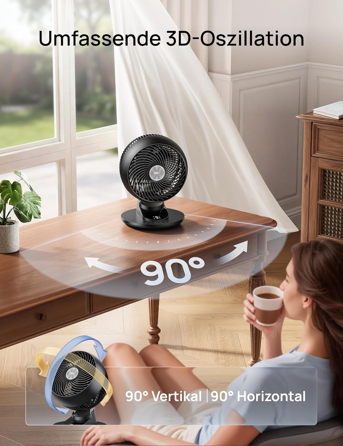 DREO 3D Table Fan, Very Quiet, 22 dB, Small Fan with Remote Control, 8.8 m/s Strong Airflow, 90° Oscillation, App & Voice Control, 9 Levels, 8/12h Timer for Bedroom and Office