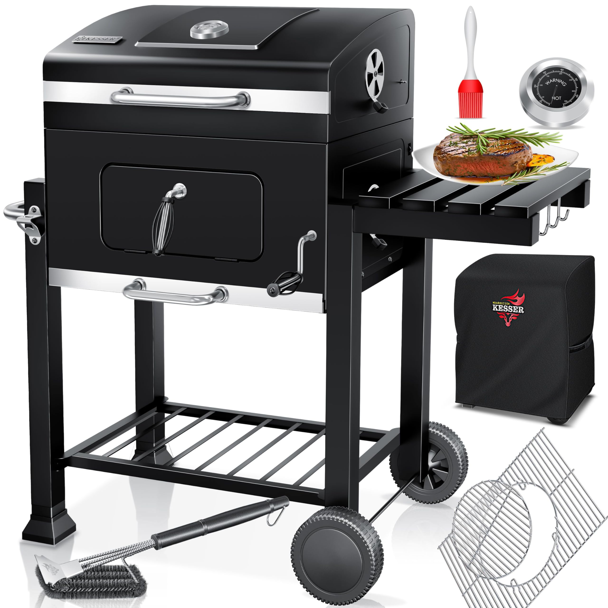 Kesser® Barbecue Trolley, XXL Charcoal Grill with Lid, Wheels, Stainless Steel Handle, Grill Grate and Thermometer, Charcoal Grill Cart, Large, for BBQ, Camping, Patio, Garden (Grey/Silver)