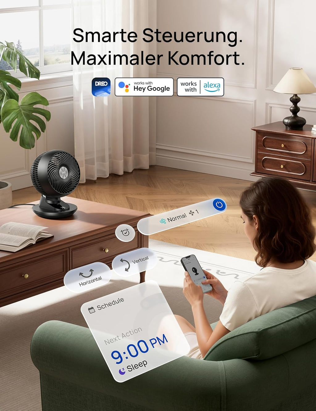 DREO 3D Table Fan, Very Quiet, 22 dB, Small Fan with Remote Control, 8.8 m/s Strong Airflow, 90° Oscillation, App & Voice Control, 9 Levels, 8/12h Timer for Bedroom and Office