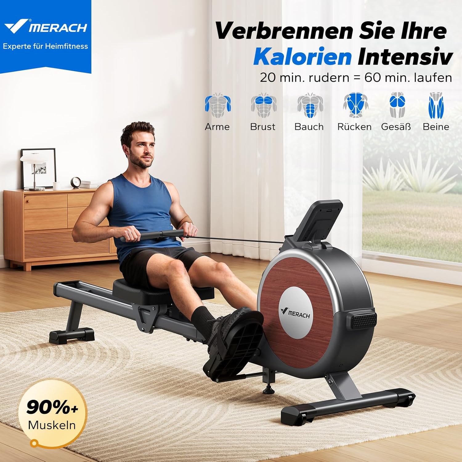 MERACH Home Rowing Machine, 16 Resistance Levels, Quiet Magnetic Rowing Machine, Connected via App, Improved Double Rails for More Stability, Easy Assembly (Grey)