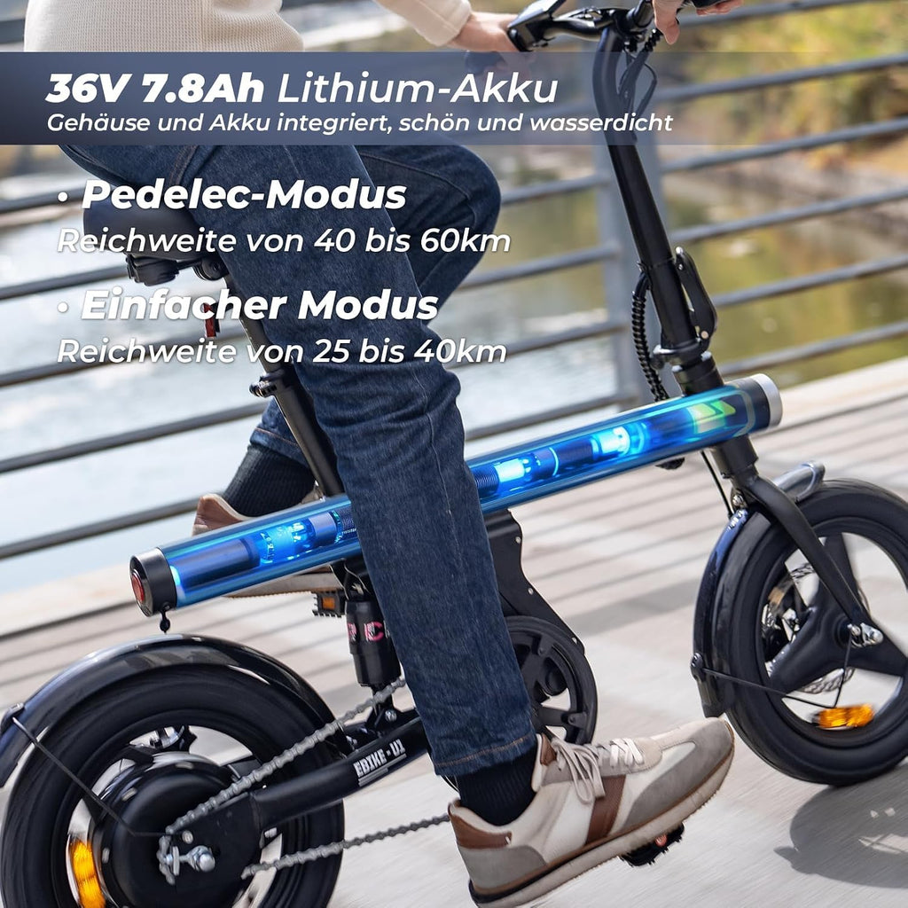 Finbike E Bike Klapprad,14 Zoll Elektrofahrrad 7.8Ah Akku,250W Kompakt Elektrofahrräder mit 3H Schnellladung,3 Fahrmodi,3 Geschwindigkeitsmodi,Reichweite MAX 45km,Electric Bike für Herren und Damen