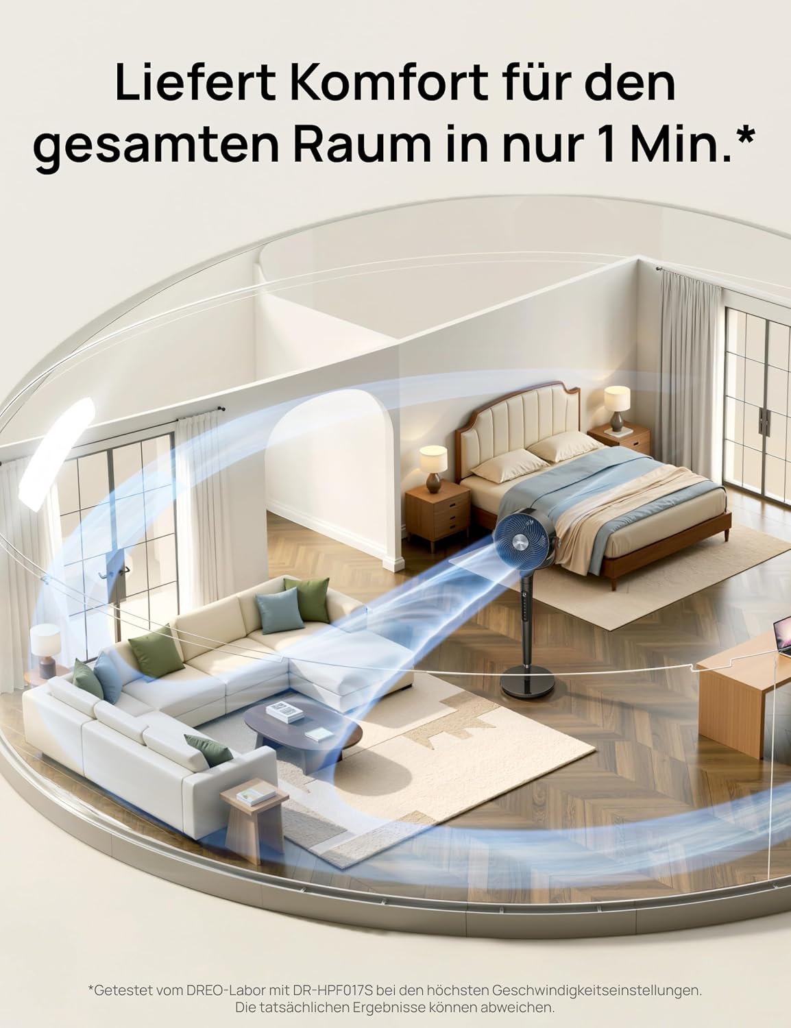 DREO 20dB Quiet Smart Floor Fan for Bedroom with RGB LED, 150° + 120° Oscillation, 30 m Air Circulation Fan and 2209 m³/h Air Volume, 12 Speeds, 6 Modes, 94-107 cm Height, WLAN & Alexa