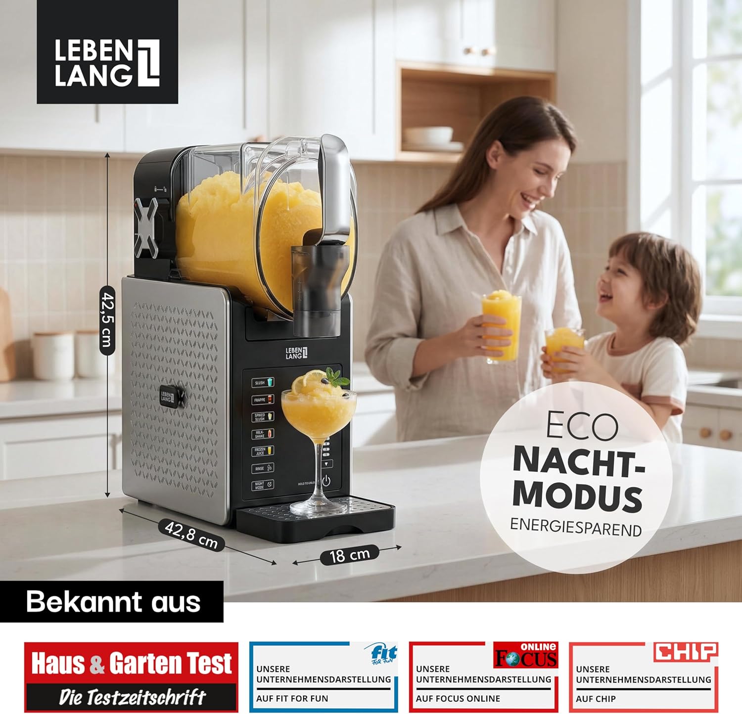 LEBENLANG Premium Slush Maschine 2L - 5 Modi & 15 Min QuickFreeze I Inkl. Rezeptbuch & Auto-Reinigung I Slush Eis Maschine für Zuhause Frozen Slushy Machine Slushie Maker Ice Slushi Maschiene