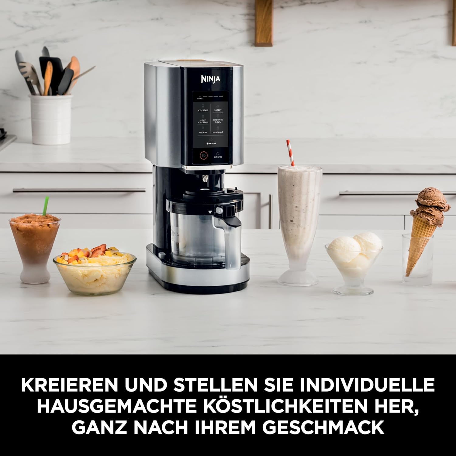 Ninja CREAMi Ice Cream Maker & Dessert Machine with 2 Containers, 7 Programmes, Making Ice Cream, Gelato, Sorbet, Smoothie Bowls, Milkshakes and More, 1.4 L, Black/Silver, NC302EU
