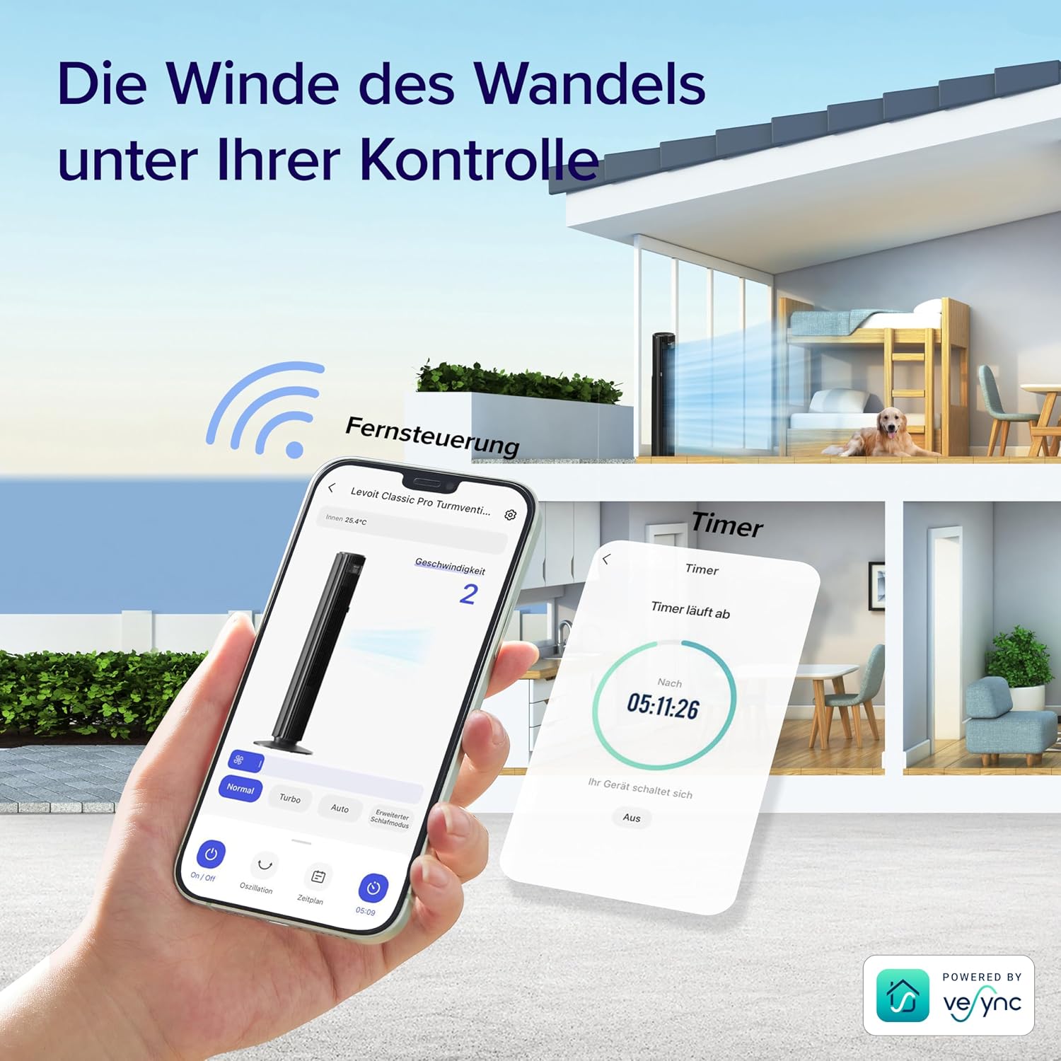 Levoit - Smart APP Turmventilator Leise-Ventilator für Schlafzimmer - 4 Modi/12 Stufen/12 Std Timer - Fernbedienung & Kühlung - 7,9m/s - Sensor & Sprachsteuerung Standventilator - Schwarz, 106 cm