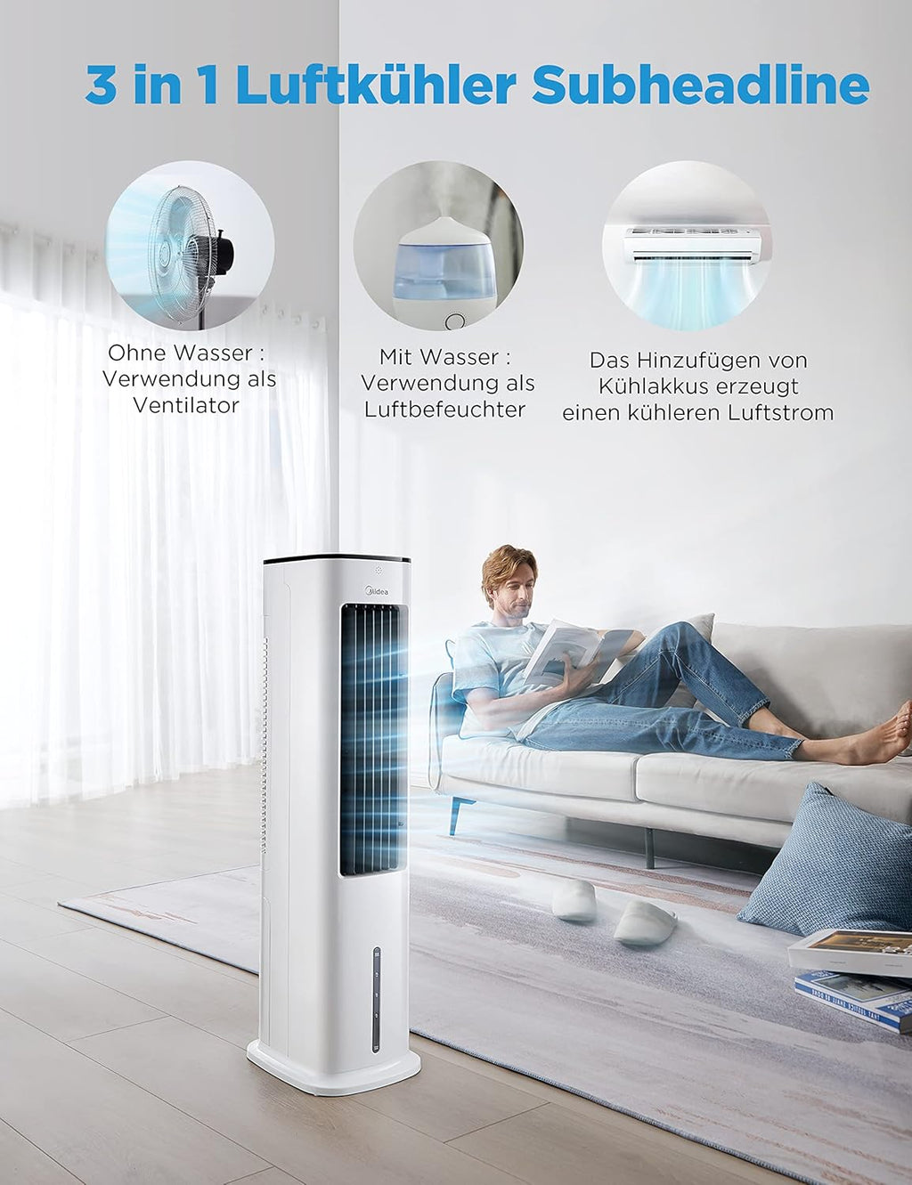 Midea Silent Air Cooler Pro 4-in-1 Mobile Air Conditioning Quiet: Air Cooler, Tower Fan, Humidifier and Air Purifier, with Remote Control, 5 L Water Tank, 355 m³/h Air Flow, 55 W, LED Display, Timer, White