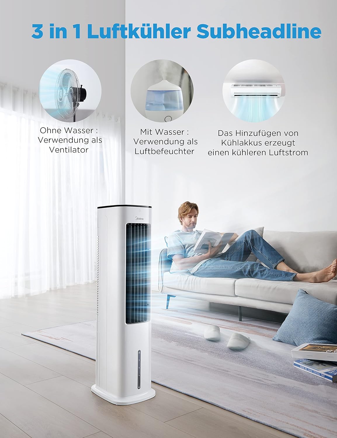 Midea Silent Air Cooler Pro 4-in-1 Mobile Air Conditioning Quiet: Air Cooler, Tower Fan, Humidifier and Air Purifier, with Remote Control, 5 L Water Tank, 355 m³/h Air Flow, 55 W, LED Display, Timer, White
