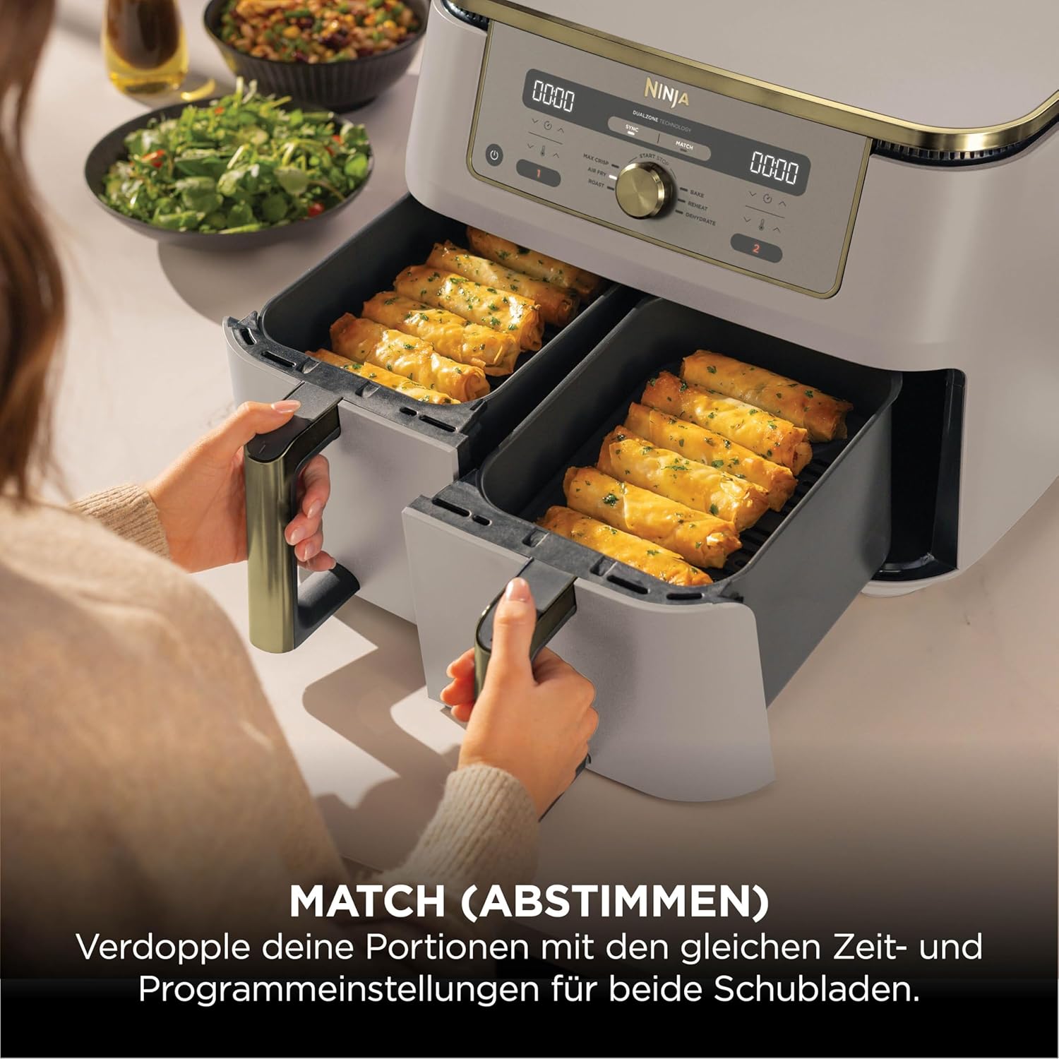 Ninja Dual Zone Digital Air Fryer, 2 Drawers, 6-in-1, Hot Air Fryer, 9.5L, Hot Air Fryer, Max Crisp, Roasting, Baking, Reheating, Dishwasher Safe Baskets, Stone/Gold DZ400EUSTGD