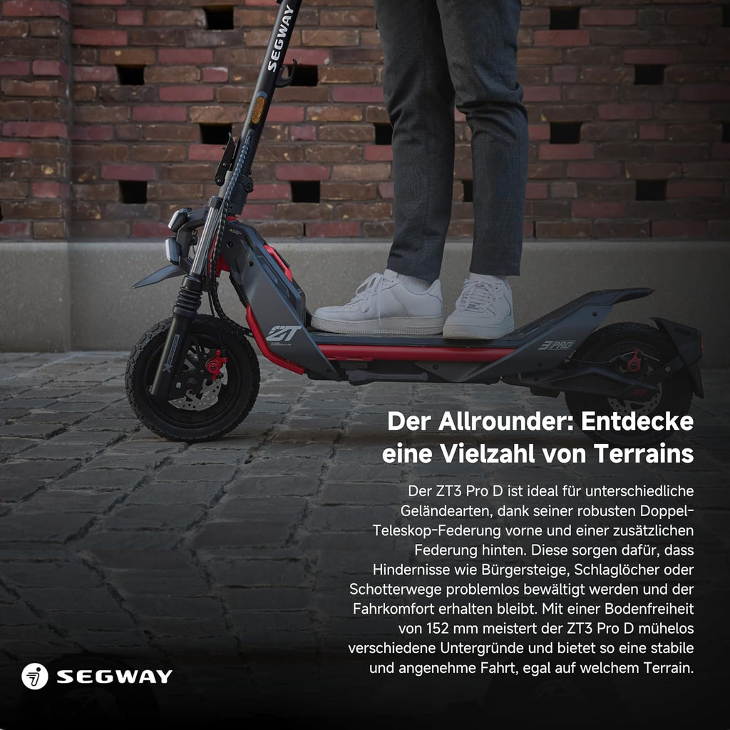 Segway ZT3 Pro D, E-Scooter mit Deutscher Straßenzulassung, 70 km Eco Modus Reichweite, 56km im Sport Modus, Vollfederung, 120 kg Tragkraft, 25% Steigung, Offroad-Reifen, Apple Find My, wasserfest