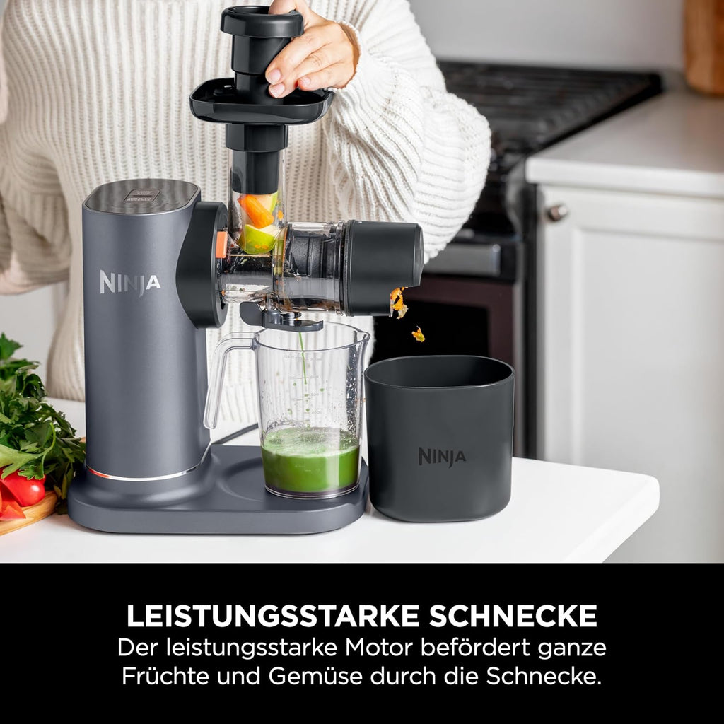 Ninja Cold Press Juicer Vegetable and Fruit with 700ml Cup & 1.1L Pulp Container, for Fresh Juices, Drinks & Wellness Shots, Compact, Dishwasher Safe & Removable Parts, Grey JC151EU