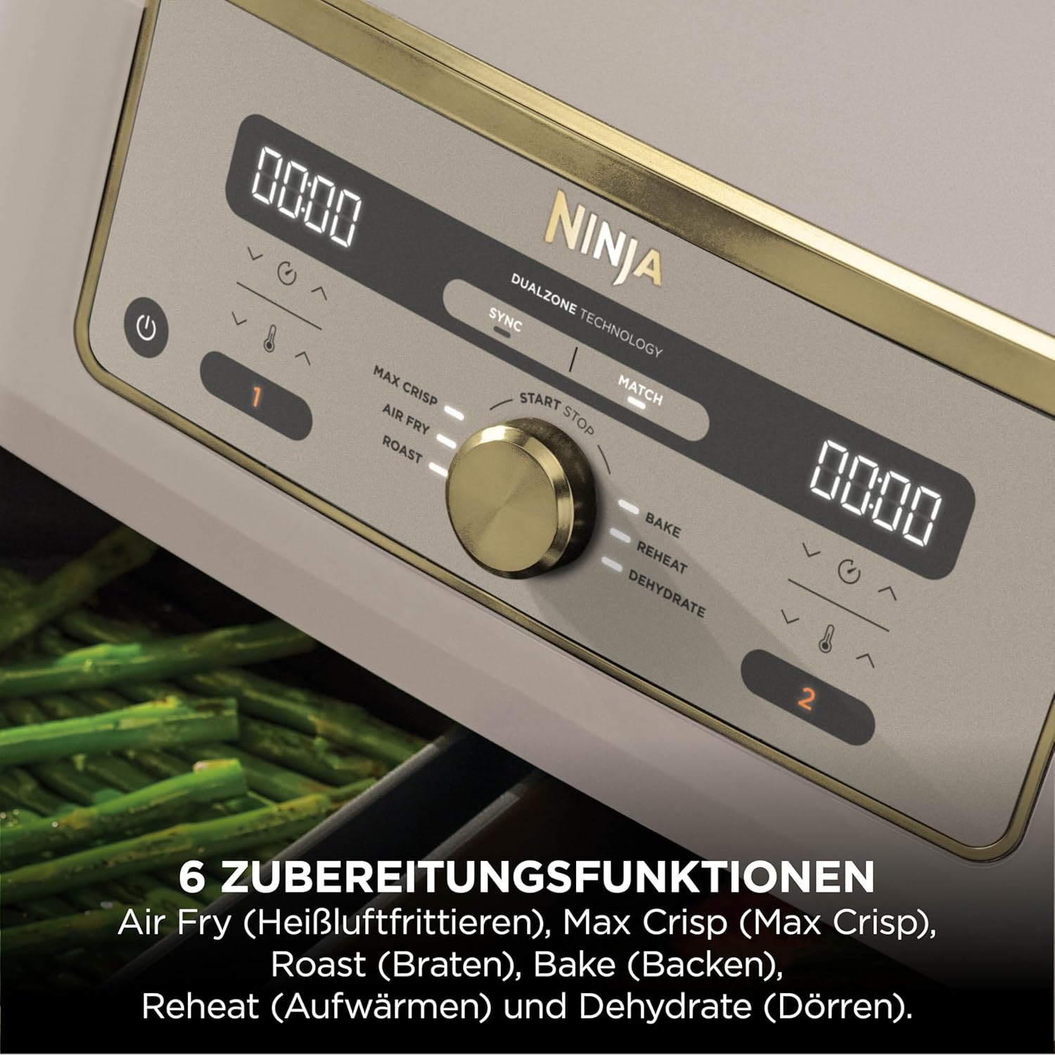 Ninja Dual Zone Digital Air Fryer, 2 Drawers, 6-in-1, Hot Air Fryer, 9.5L, Hot Air Fryer, Max Crisp, Roasting, Baking, Reheating, Dishwasher Safe Baskets, Stone/Gold DZ400EUSTGD