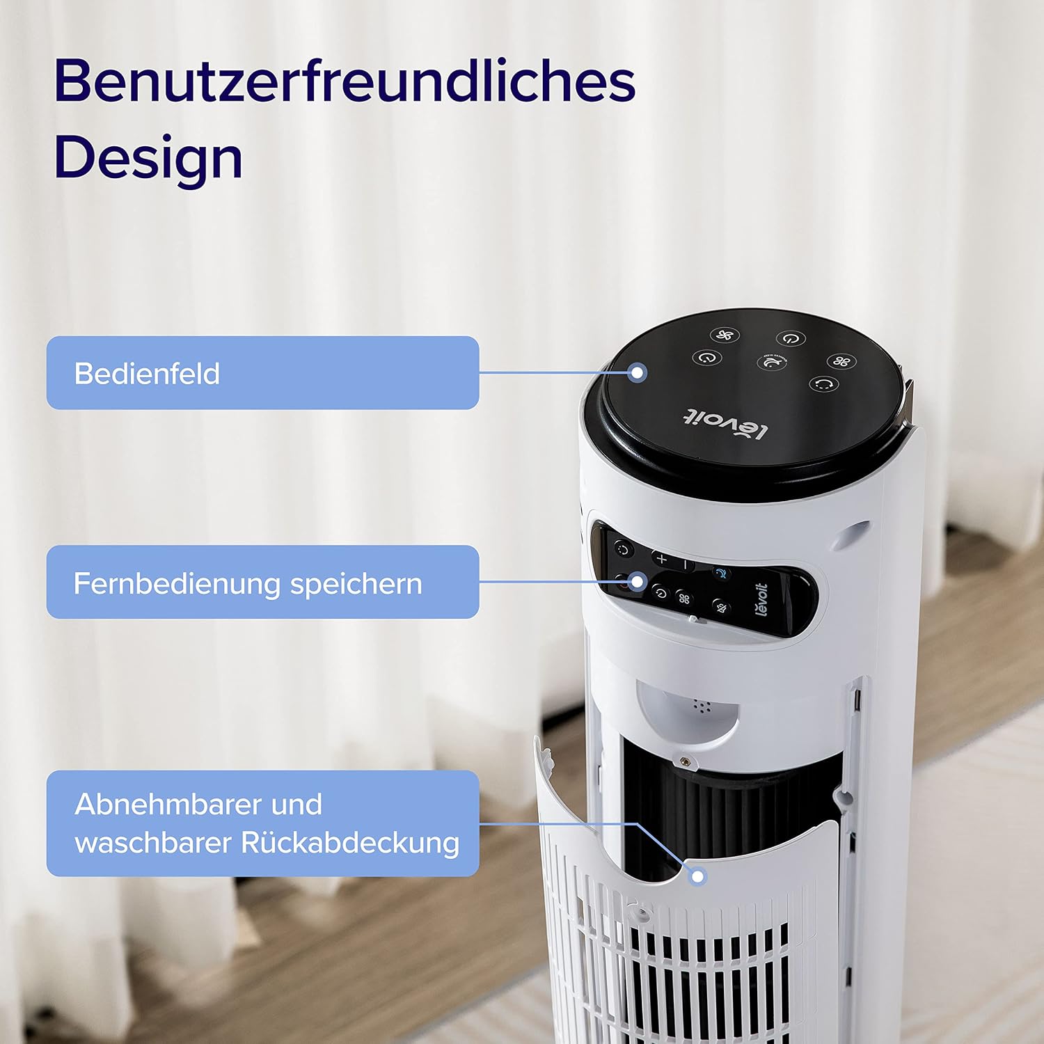 Levoit - DC Motor Large Tower Fan - Very Quiet Fan - 4 Modes / 12 Levels / 12 Hours Timer - Remote Control Cooling Tower Fan with 7.9 m/s Speed - 90° Oscillating - Pearl White, 106 cm