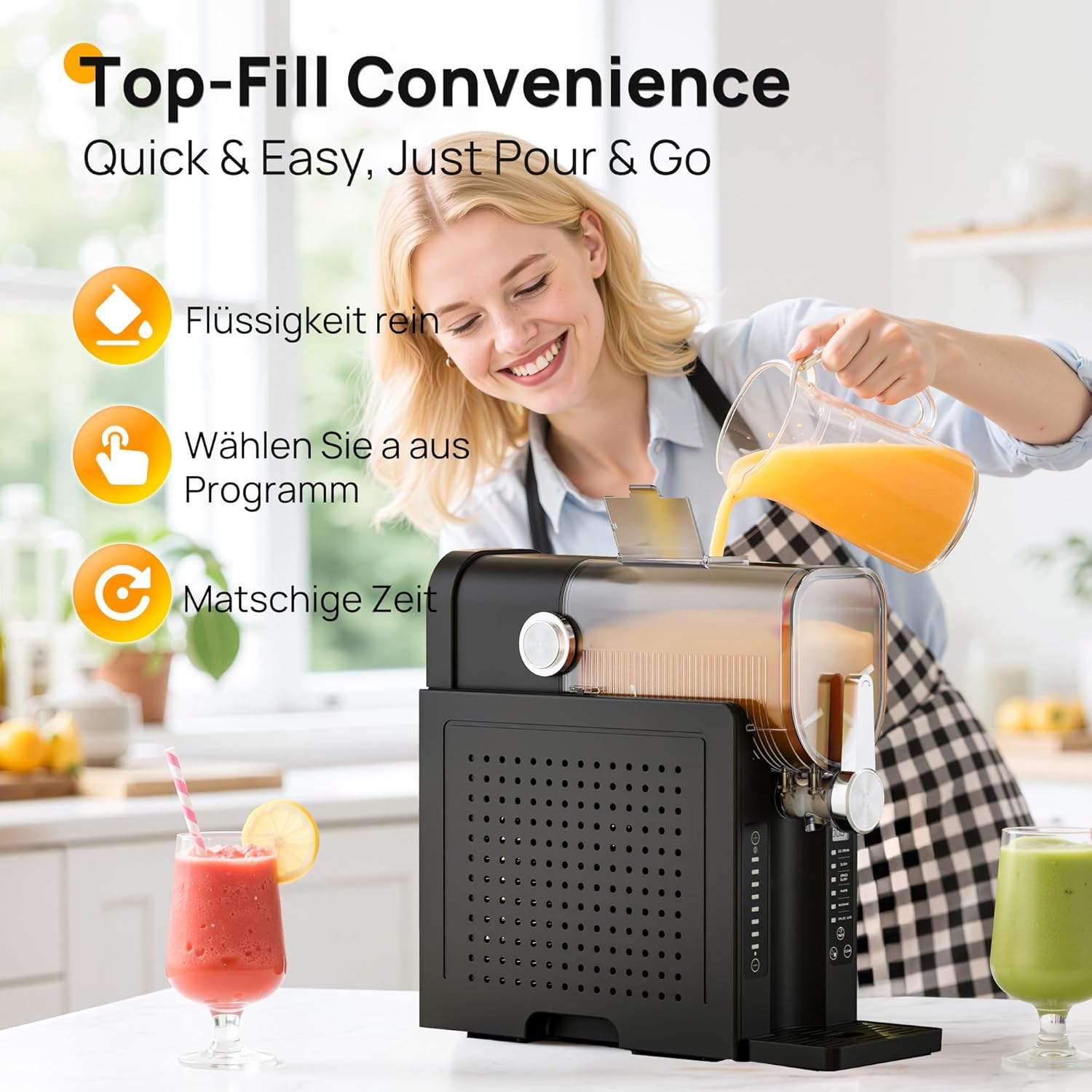 INITIO Slush Machine, 2L Slushie Machine for Home Slushi, Frappé, Milkshake & Margaritas, No Ice Required, LED Display, Self-Cleaning, Black, AD03, 6 Programmes + 1 Pack