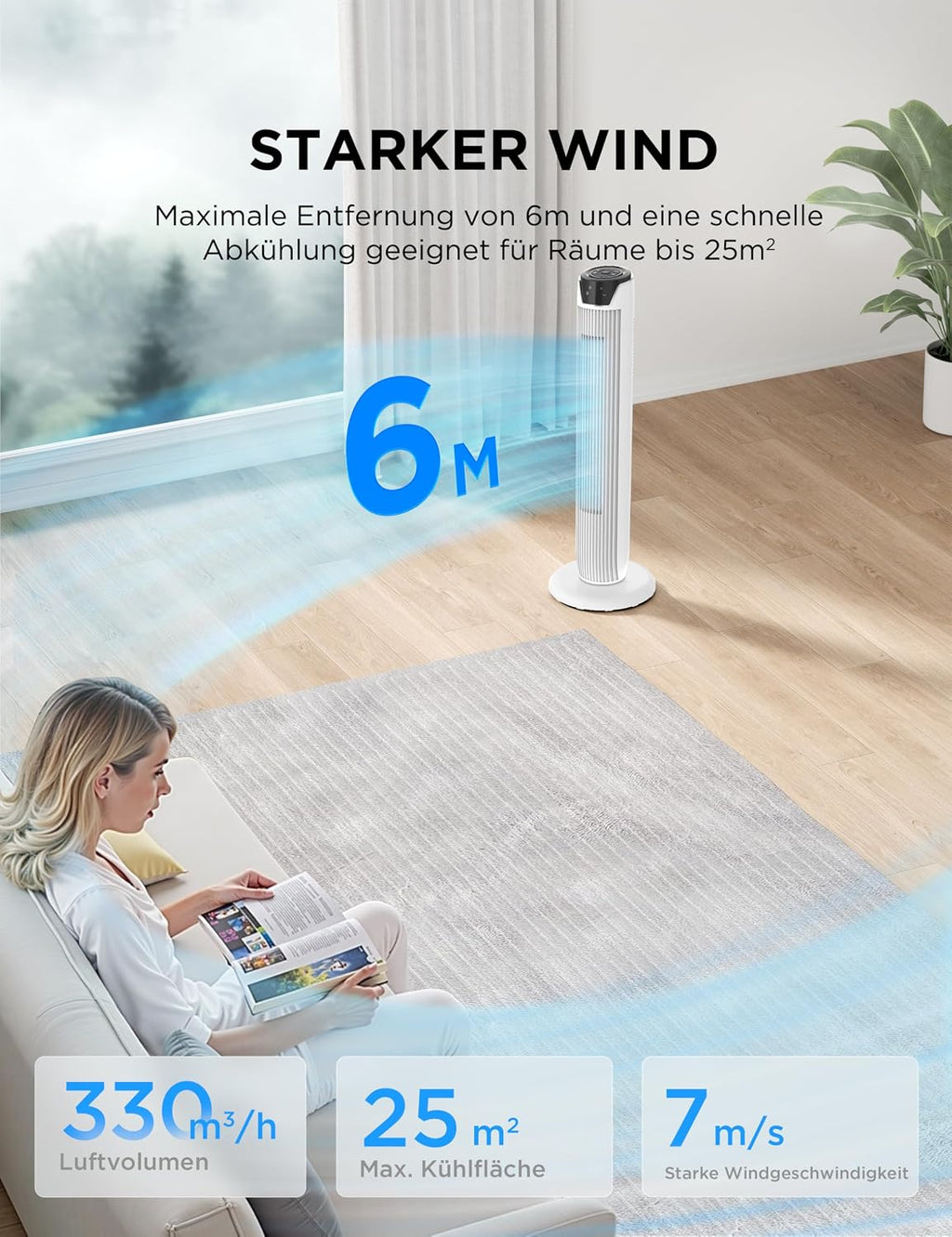 Midea FZ10-17JR(WH) Turmventilator Leise mit Fernbedienung 92CM, mobiler Lüfter,Ventilator Säulenventilator,7 Stunden Timer,3 Modi,3 Geschwindigkeiten,45W Standventilator, Weiß