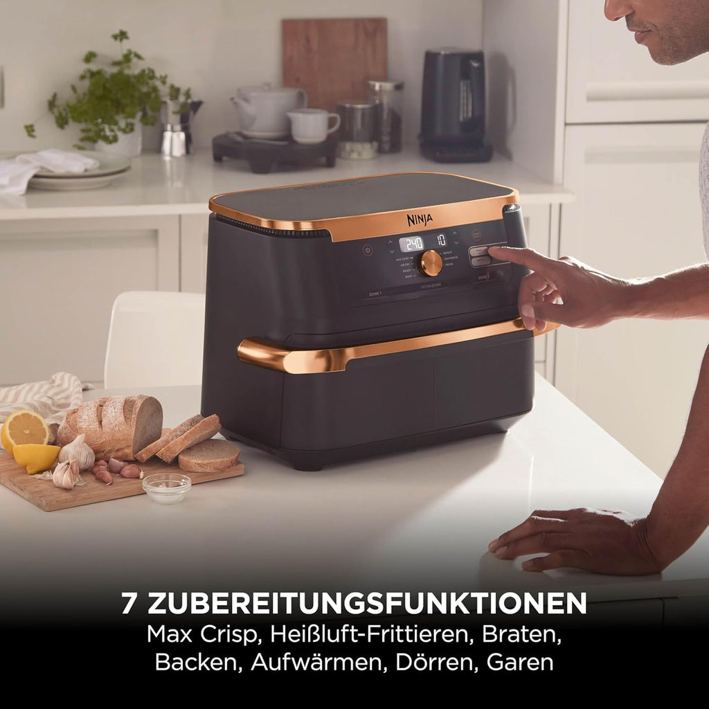 Ninja Foodi FlexDrawer Dual Zone Hot Air Fryer, Air Fryer with 10.4 Compartments and Removable Separator, Non-Stick Coating, Dishwasher Safe Basket, 7-in-1, Black & Copper, AF500EUCP