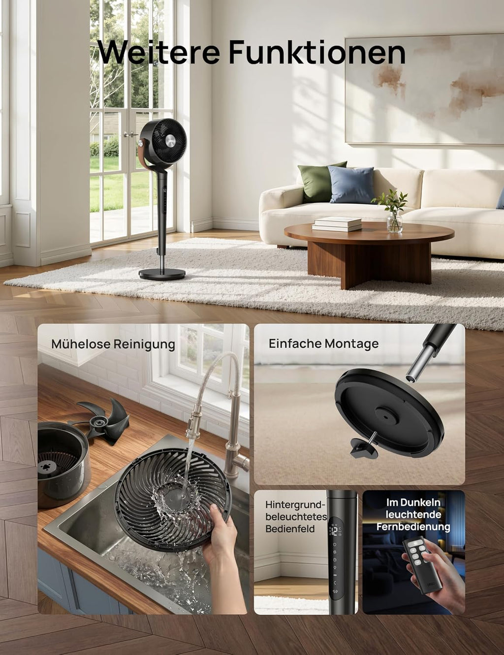 DREO 20dB Quiet Smart Floor Fan for Bedroom with RGB LED, 150° + 120° Oscillation, 30 m Air Circulation Fan and 2209 m³/h Air Volume, 12 Speeds, 6 Modes, 94-107 cm Height, WLAN & Alexa
