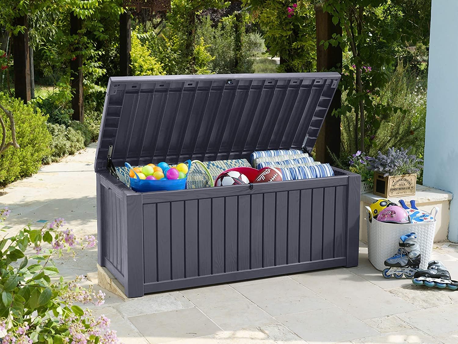 Koll living storage box, cushion box in modern wooden finish, 570 litres, 100% water-proof, with aeration to prevent horrible odours/mould, maximum weight supported by the cover: 250 kg (2 people)