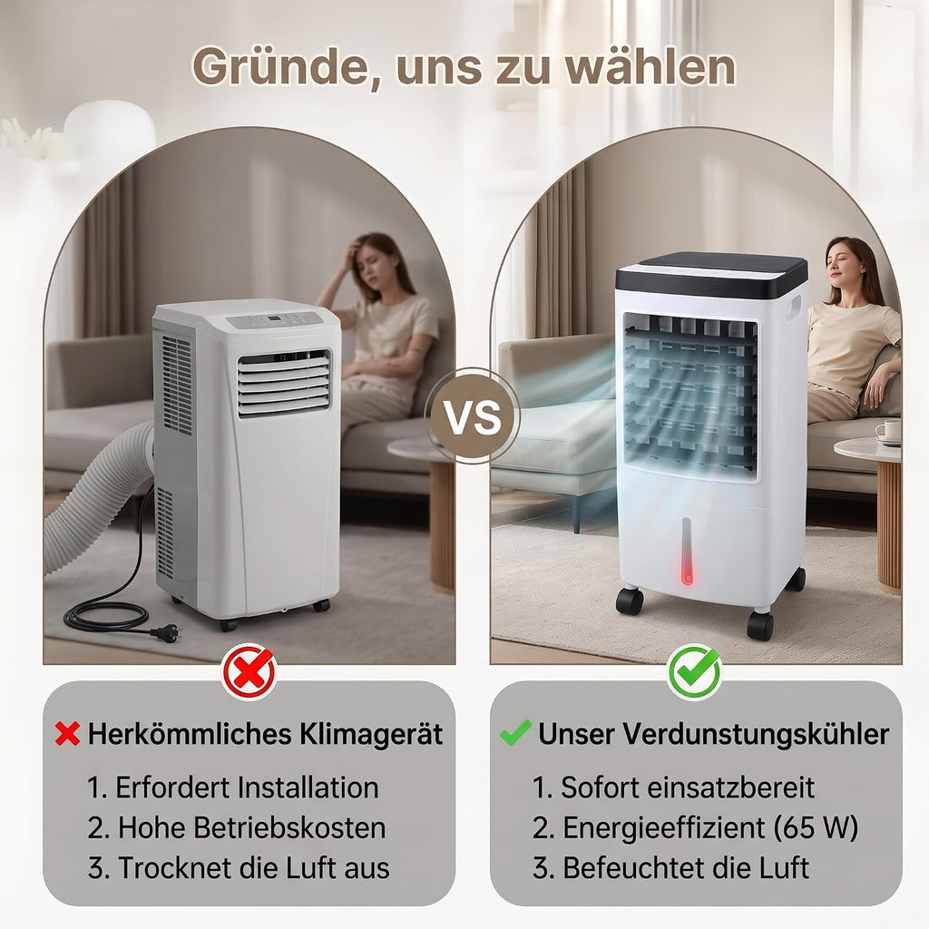 VINGVO Air Cooler Without Exhaust Hose 10 L, 65 W Mobile Air Conditioner with Water Cooling, 3 Levels Remote Control Timer, Air Cooler for Home, Office, Bedroom, Air Conditioner Mobile with Ice Pack