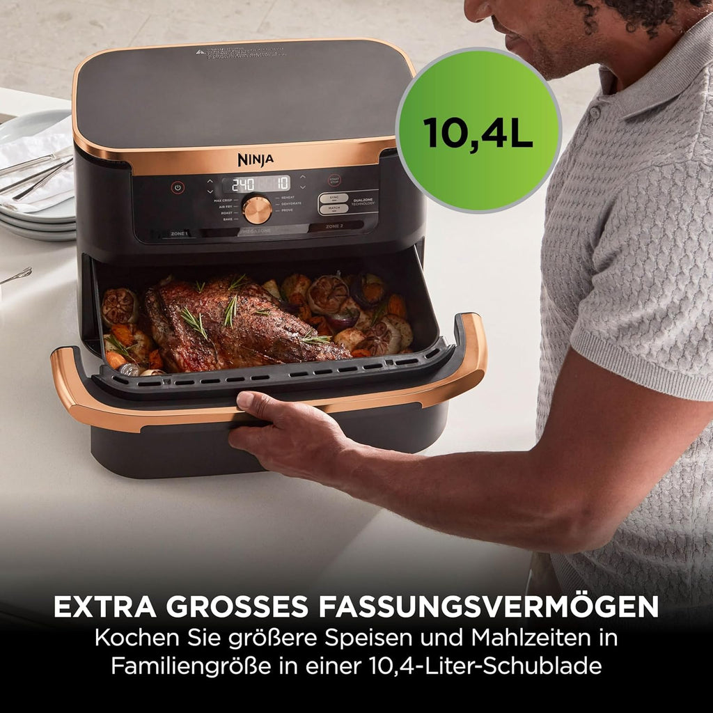 Ninja Foodi FlexDrawer Dual Zone Hot Air Fryer, Air Fryer with 10.4 Compartments and Removable Separator, Non-Stick Coating, Dishwasher Safe Basket, 7-in-1, Black & Copper, AF500EUCP
