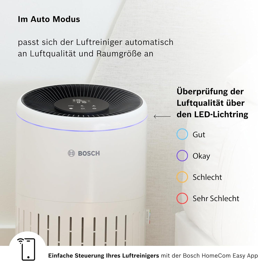 Bosch Air 4000i App-Controlled Air Purifier - For Rooms up to 62.5 m² - Removes Pollutants - With 3-in-1 Air Filter, Smart Sensor, Automatic Mode, Sleep Mode (< 25 dB(A)) - CADR: 300 m³/h