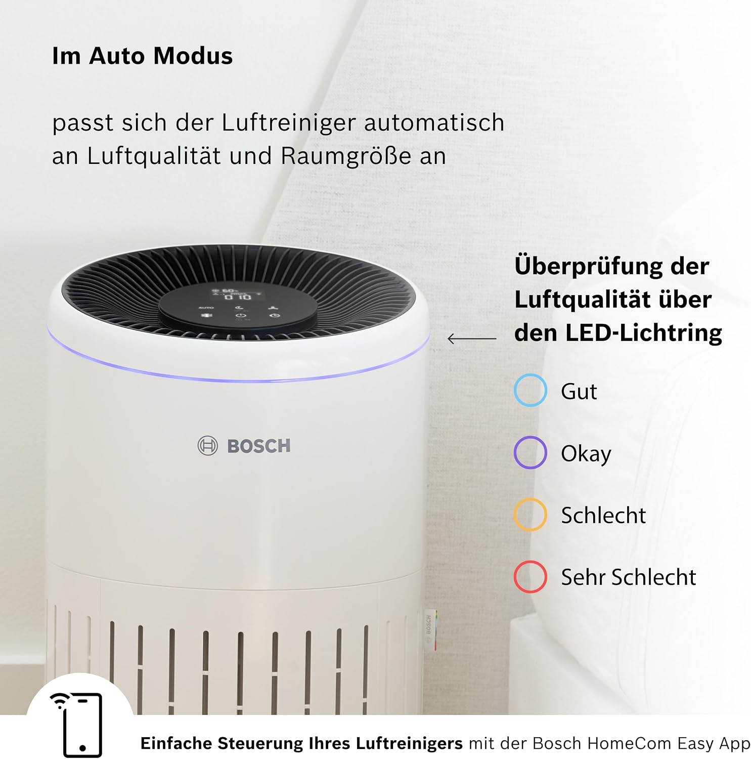 Bosch Air 4000i App-Controlled Air Purifier - For Rooms up to 62.5 m² - Removes Pollutants - With 3-in-1 Air Filter, Smart Sensor, Automatic Mode, Sleep Mode (< 25 dB(A)) - CADR: 300 m³/h