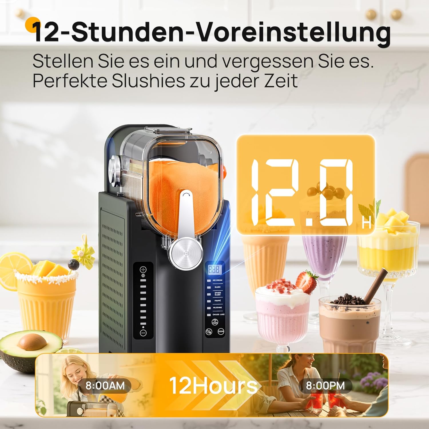 INITIO Slush Machine, 2L Slushie Machine for Home Slushi, Frappé, Milkshake & Margaritas, No Ice Required, LED Display, Self-Cleaning, Black, AD03, 6 Programmes + 1 Pack
