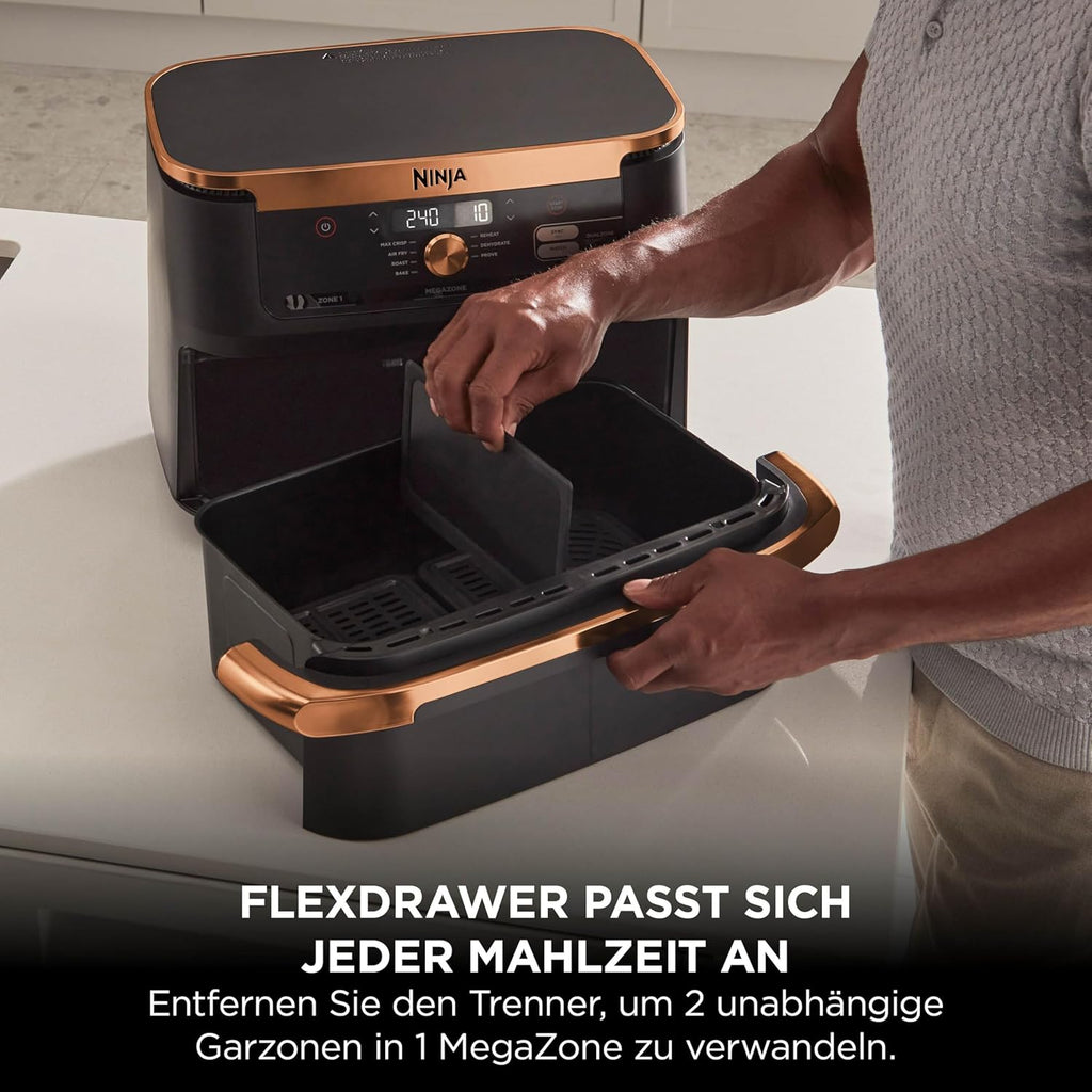 Ninja Foodi FlexDrawer Dual Zone Hot Air Fryer, Air Fryer with 10.4 Compartments and Removable Separator, Non-Stick Coating, Dishwasher Safe Basket, 7-in-1, Black & Copper, AF500EUCP