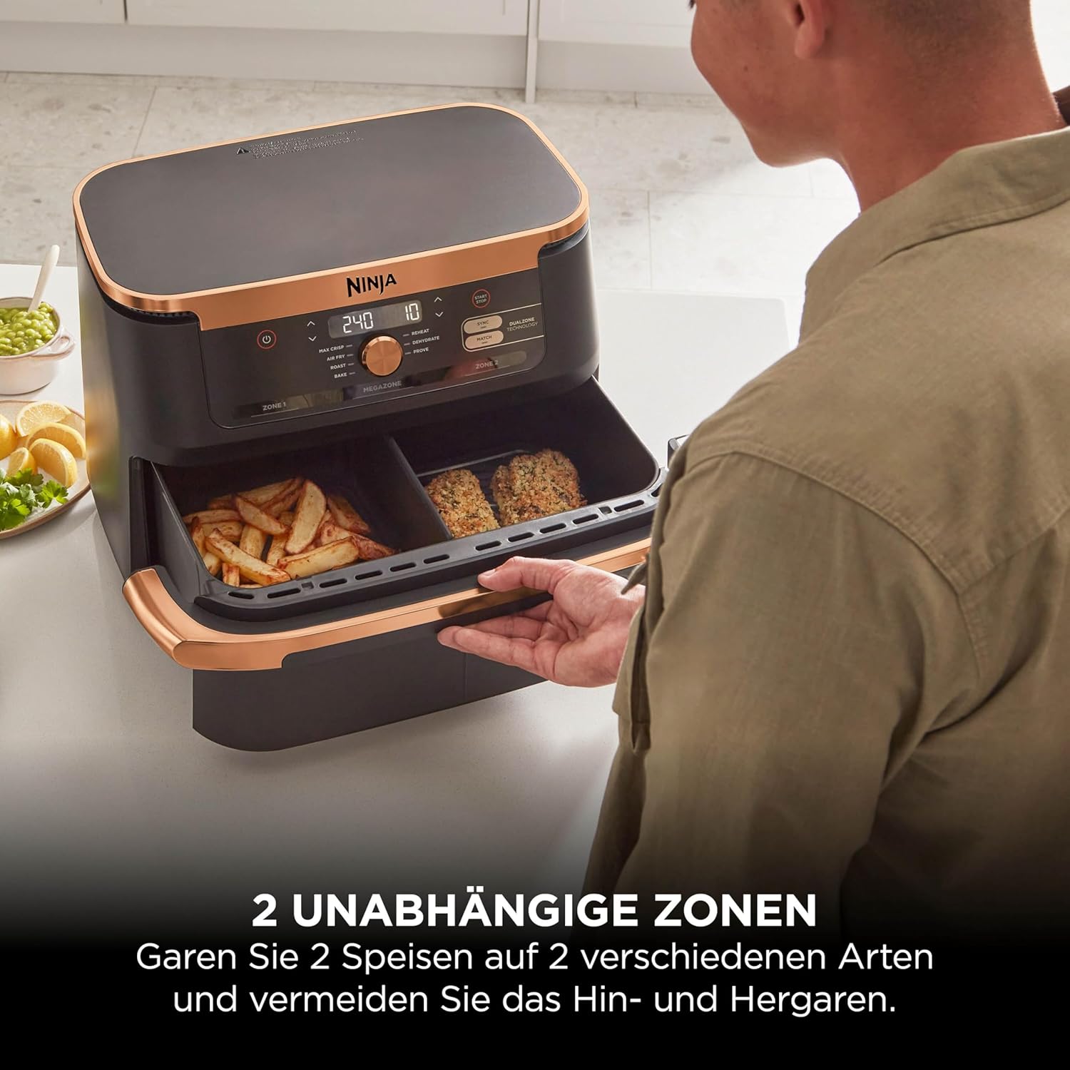 Ninja Foodi FlexDrawer Dual Zone Hot Air Fryer, Air Fryer with 10.4 Compartments and Removable Separator, Non-Stick Coating, Dishwasher Safe Basket, 7-in-1, Black & Copper, AF500EUCP