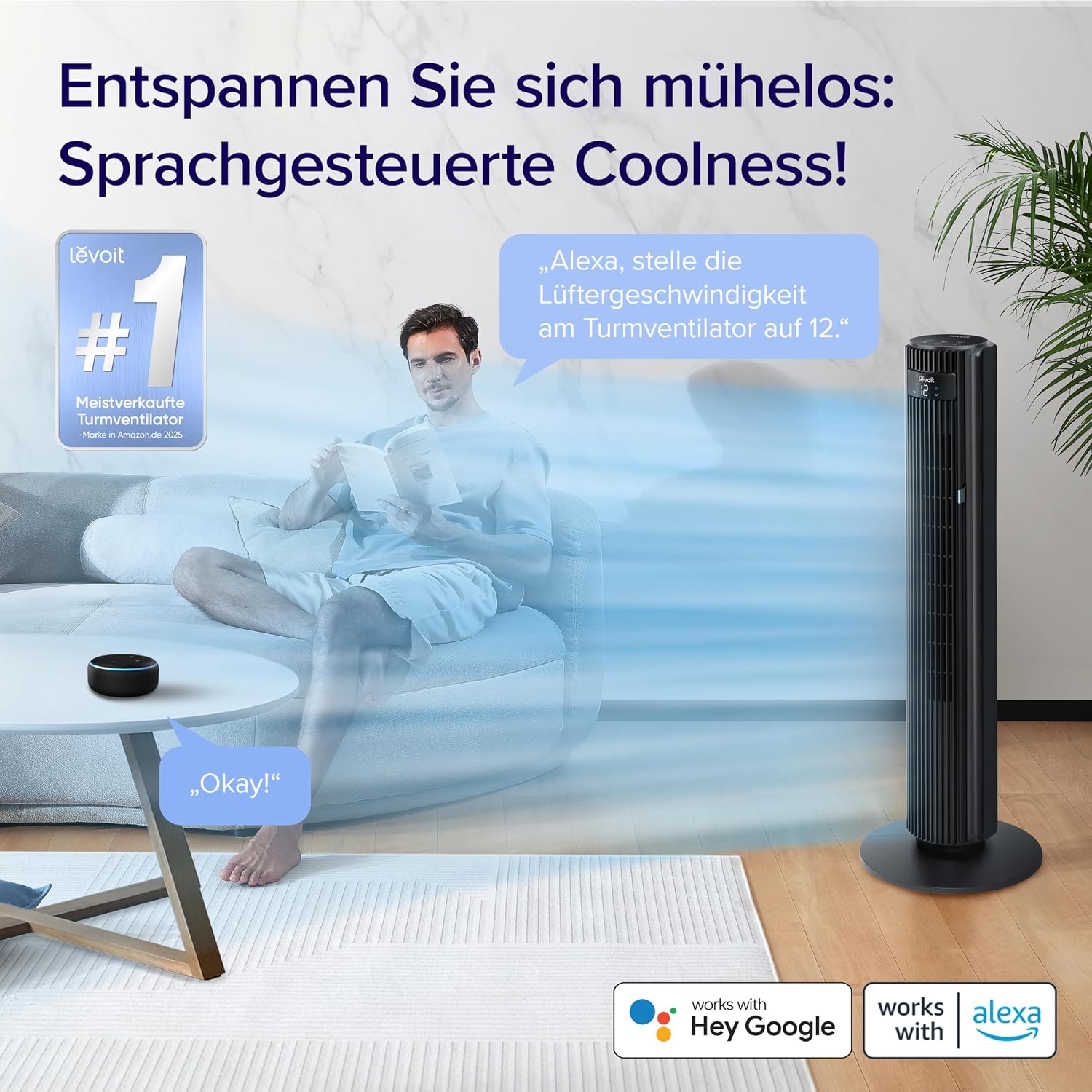 Levoit - Smart APP Turmventilator Leise-Ventilator für Schlafzimmer - 4 Modi/12 Stufen/12 Std Timer - Fernbedienung & Kühlung - 7,9m/s - Sensor & Sprachsteuerung Standventilator - Schwarz, 106 cm